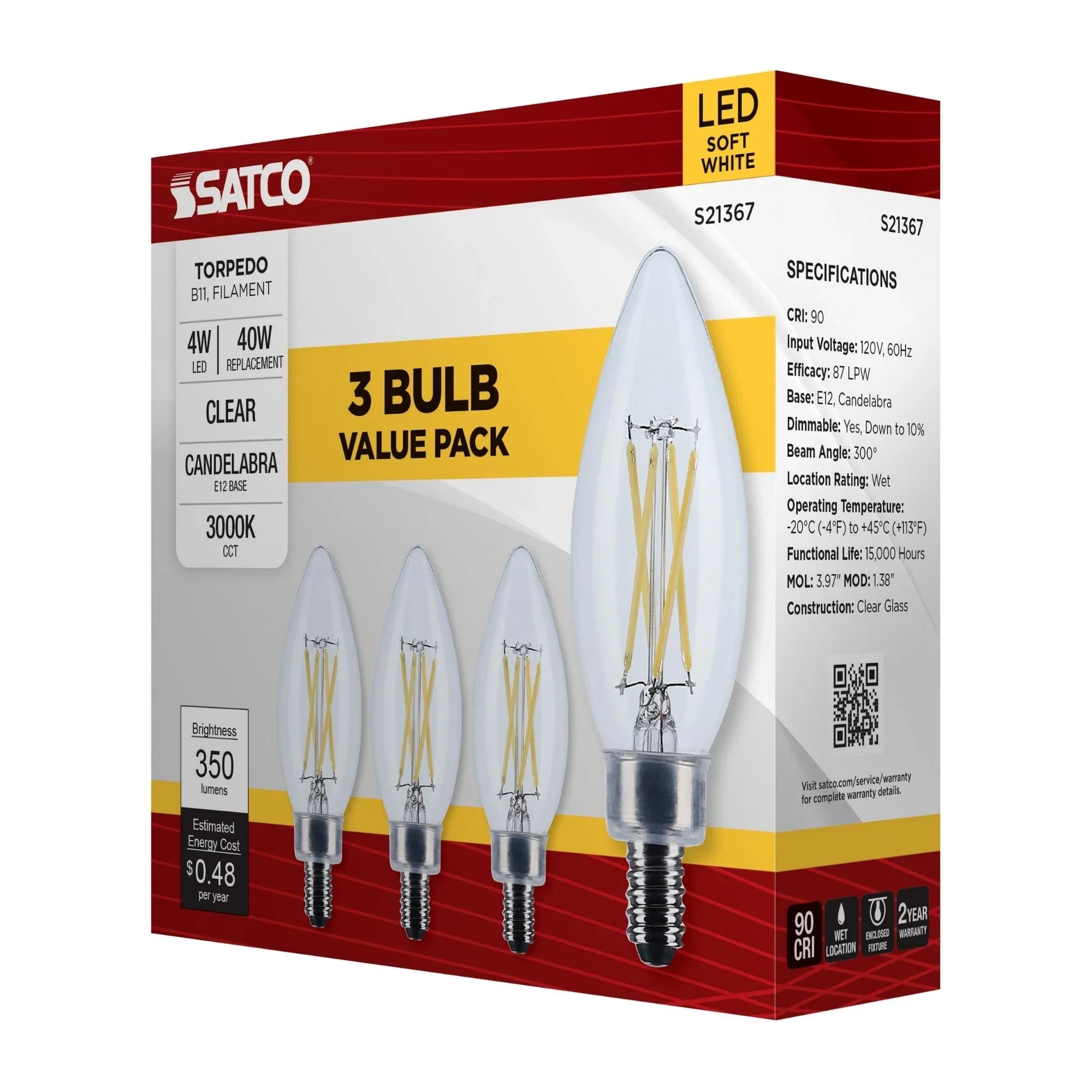 B11 Candle Filament LED Bulb, 40W Equal, 4W, 350lm, 3000K, E12 Candelabra, Clear, Pack of 3