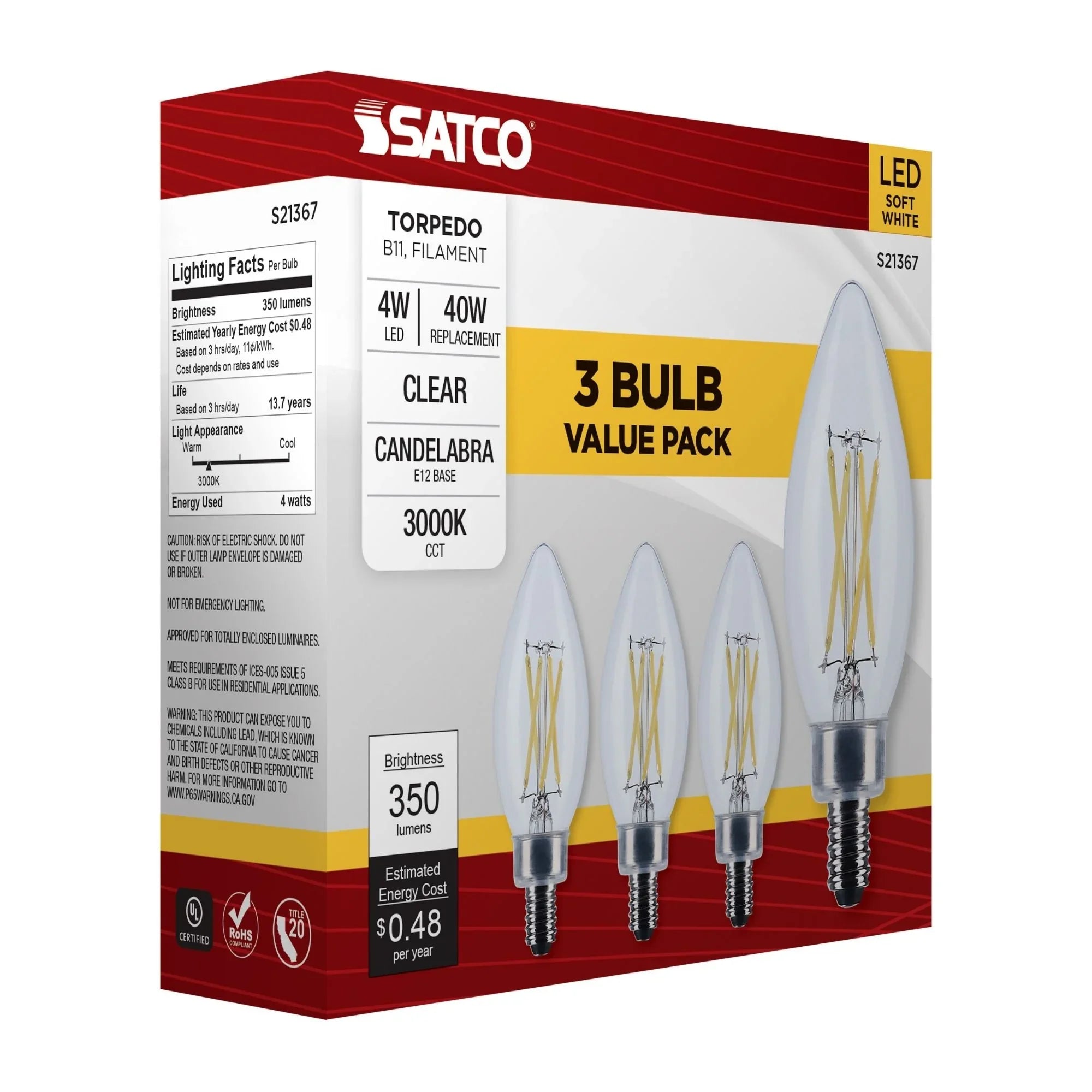 B11 Candle Filament LED Bulb, 40W Equal, 4W, 350lm, 3000K, E12 Candelabra, Clear, Pack of 3