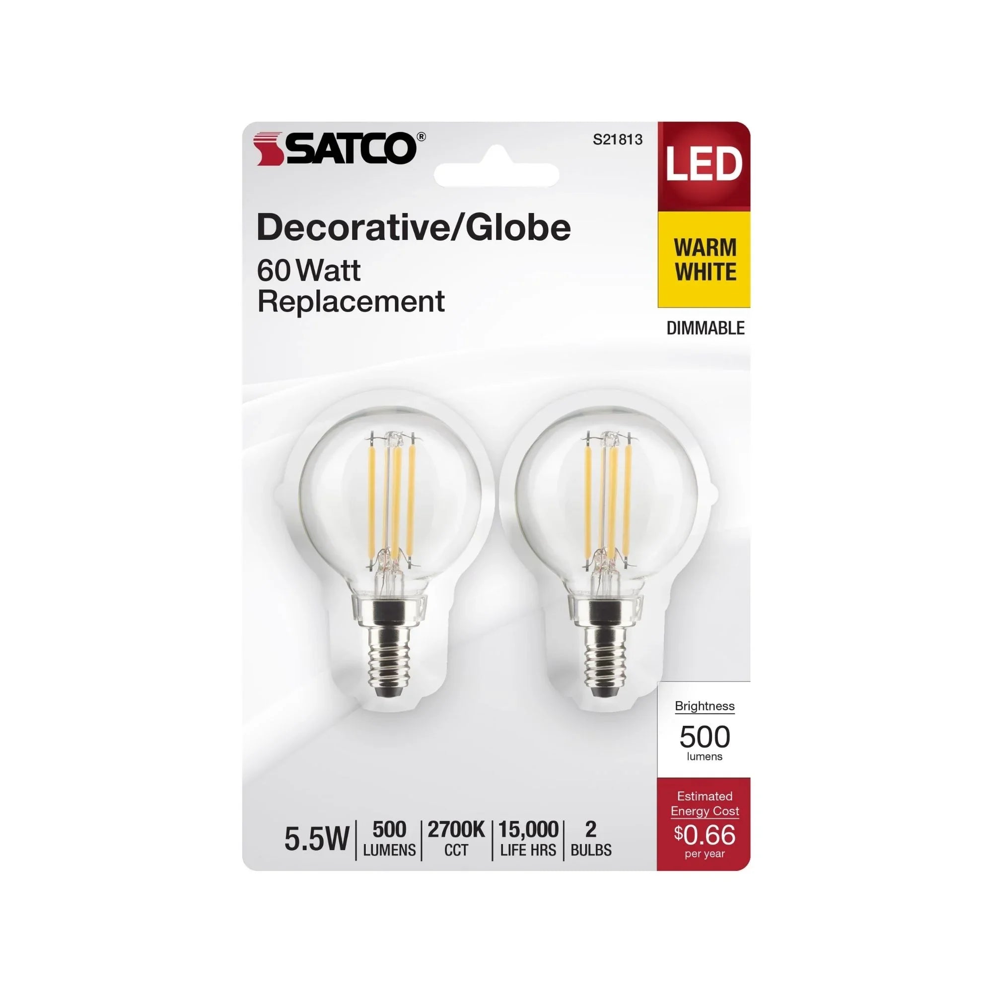 G16.5 Filament LED Globe Bulb, 6W, 500 Lumens, 60W Equal, 2700K, E12 Base, Clear, Pack of 2