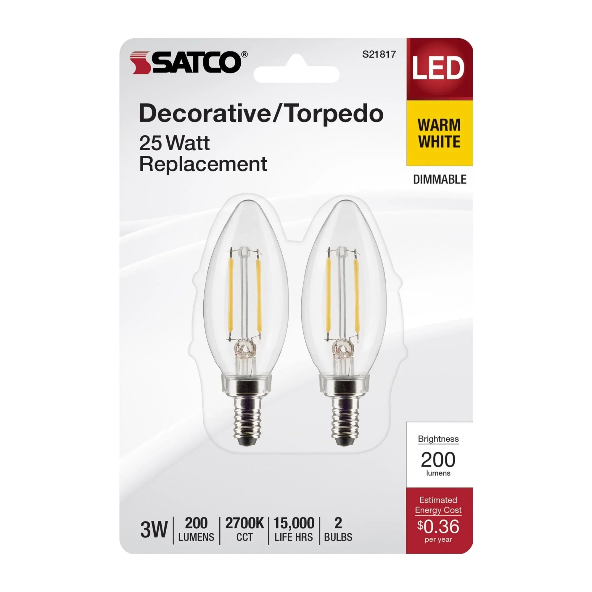 B11 Candle Filament LED Bulb, 3 Watts, 200 Lumens, 2700K, E12 Candelabra Base, Clear, Pack of 2