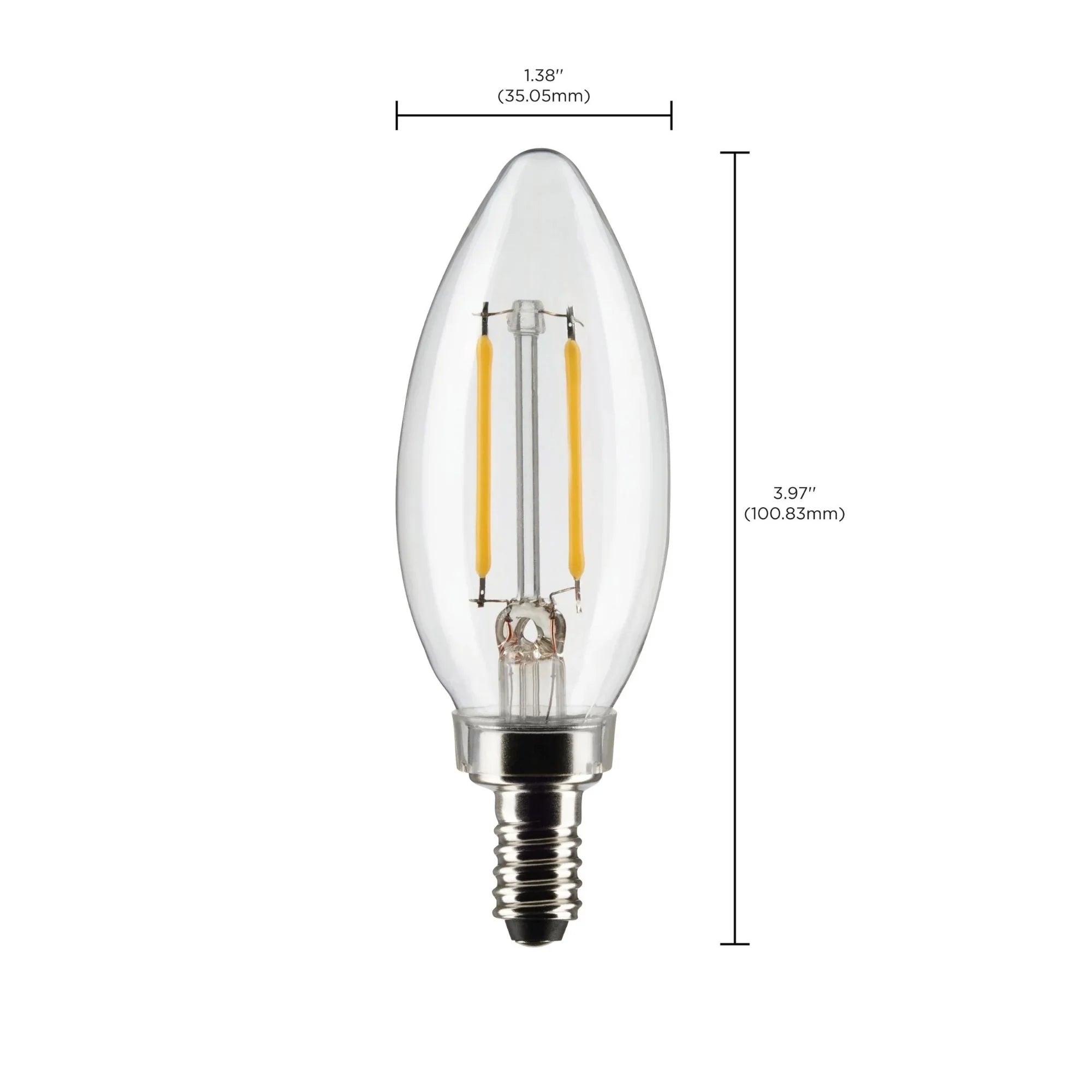 B11 Candle Filament LED Bulb, 3 Watts, 200 Lumens, 2700K, E12 Candelabra Base, Clear, Pack of 2