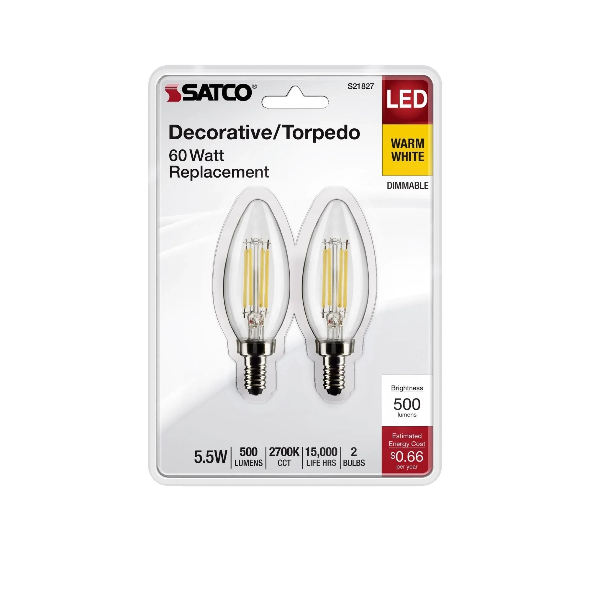 B11 Candle Filament LED Bulb, 6W, 500lm, 2700K, E12 Candelabra Base, Clear Finish, Pack of 2