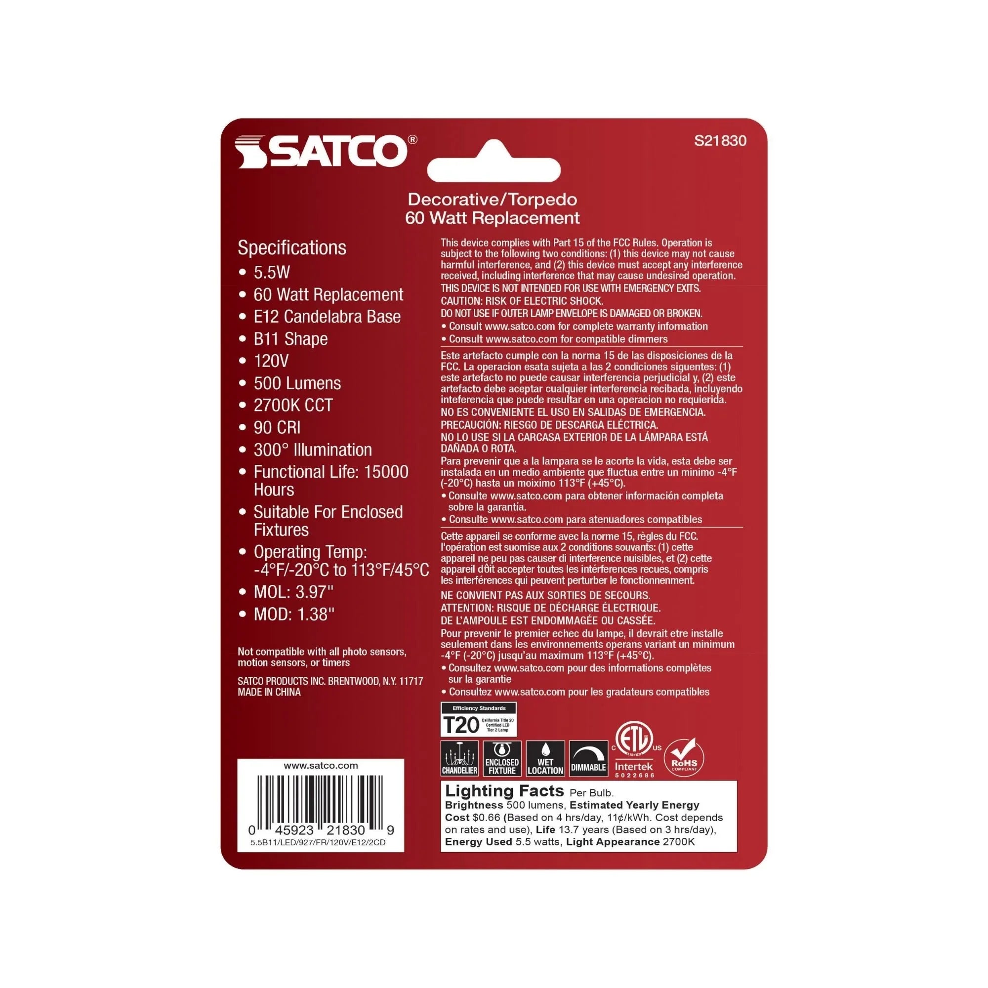 B11 Candle LED Bulb, 6W, 500 Lumens, 2700K, E12 Candelabra Base, Frosted Finish, Pack of 2