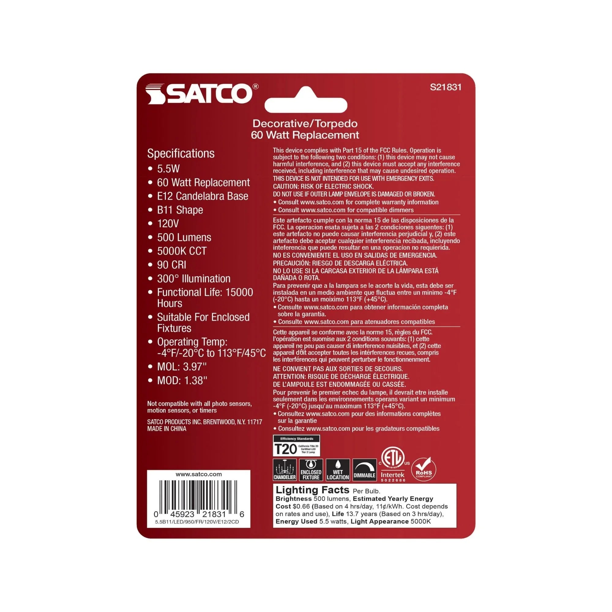 B11 Candle LED Bulb, 6W, 500 Lumens, 5000K, E12 Candelabra Base, Frosted Finish, Pack of 2