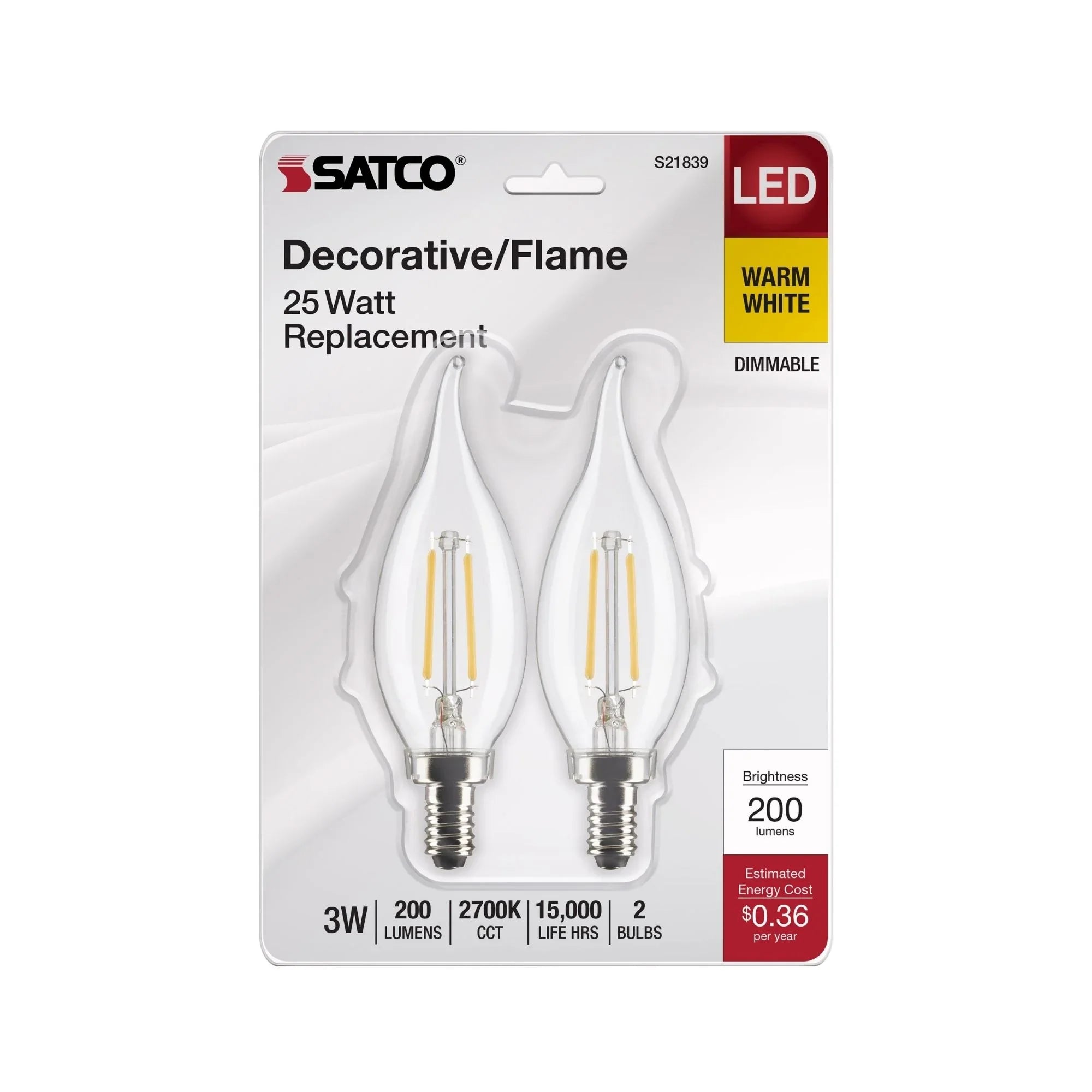 CA10 Filament LED Bulb, 3 Watts, 200 Lumens, 2700K, E12 Candelabra Base, Clear, Pack of 2