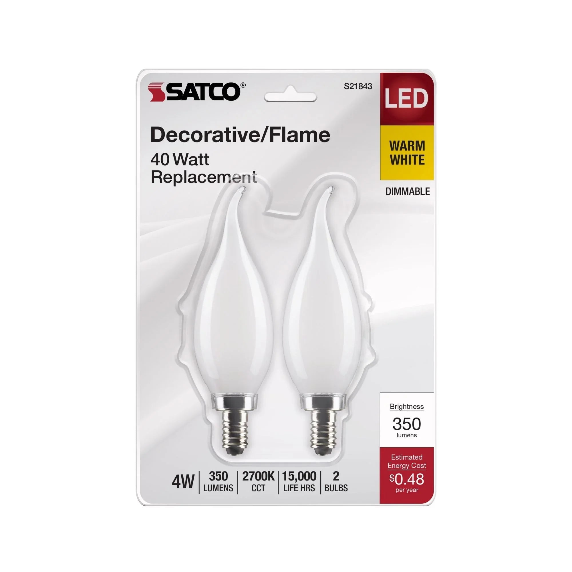 CA10 LED Bulb, 4W, 350lm, 2700K, 40W Equal, E12 Candelabra Base, Frosted Finish, Pack of 2