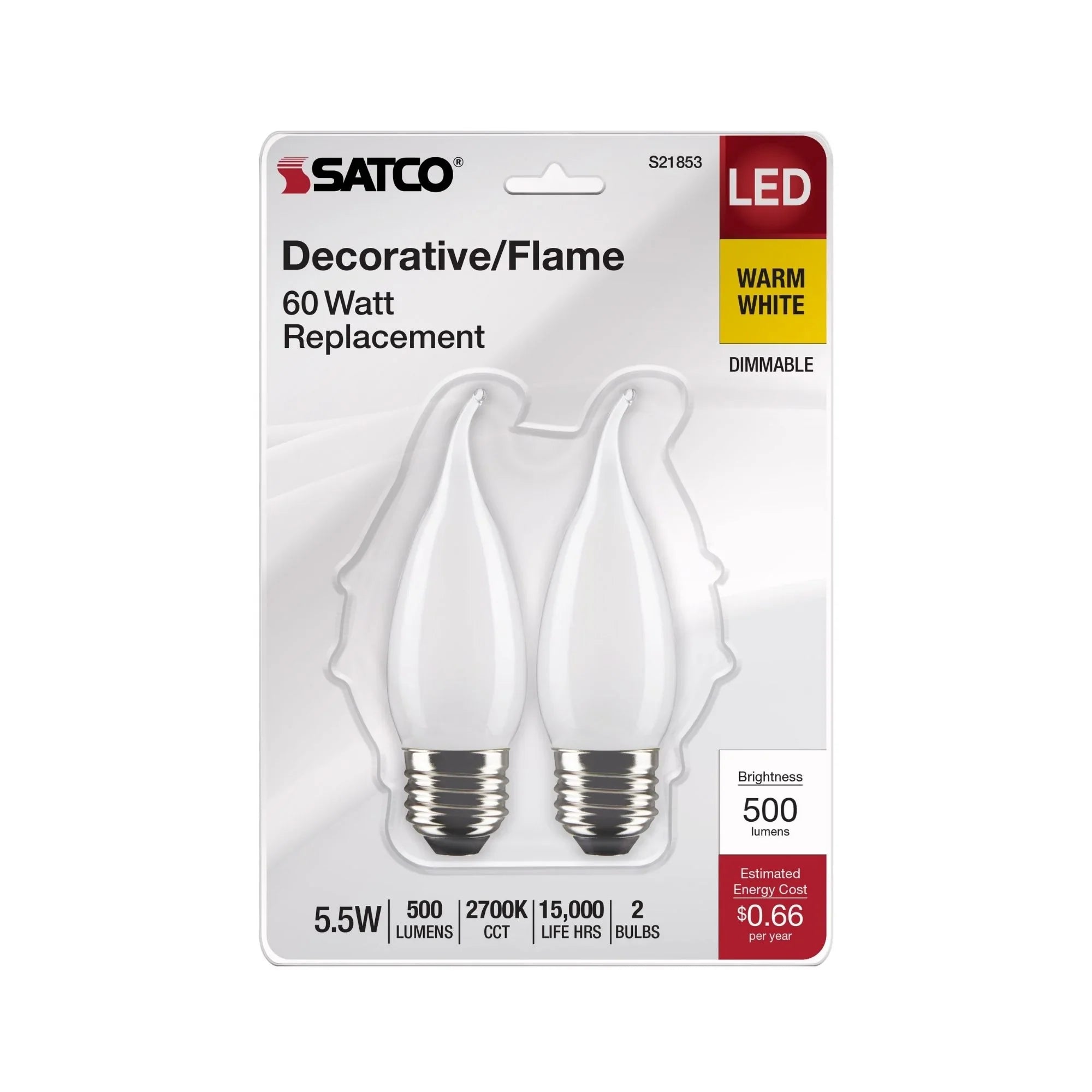 CA10 LED Bulb, 6W, 500lm, 2700K, 60W Equal, E26 Medium Base, Frosted Finish, Pack of 2