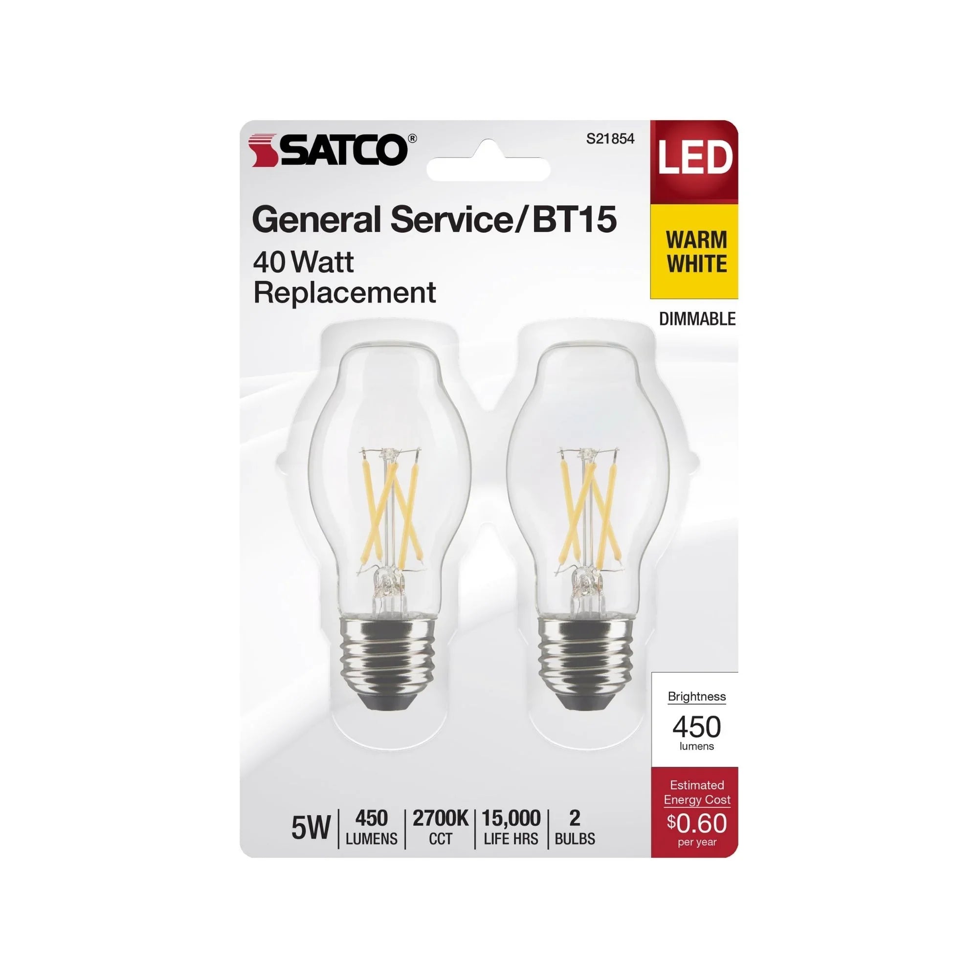 BT15 Filament LED Bulb, 5 Watts, 450lm, 40W Equal, 2700K, E26 Medium Base, Clear, Pack of 2
