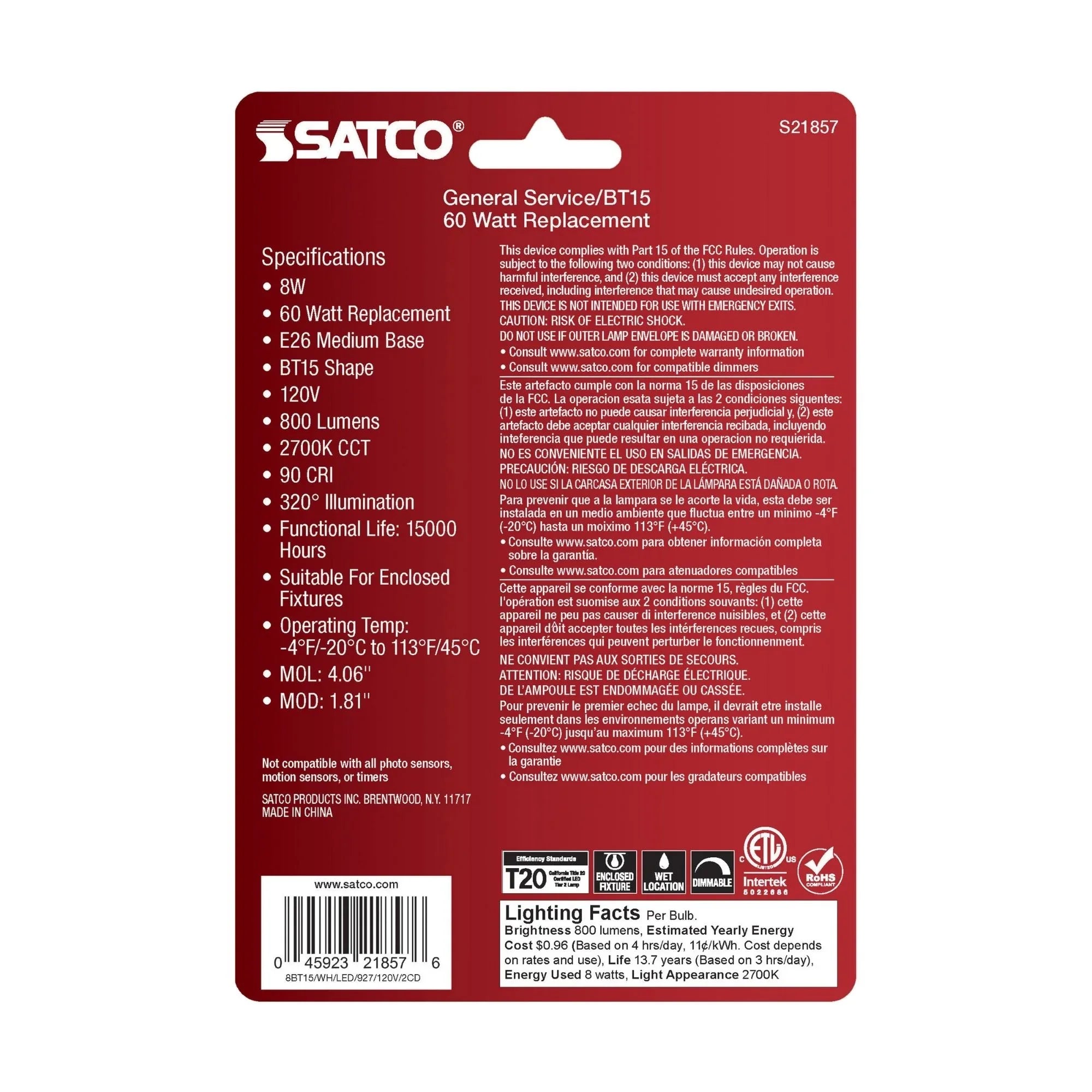 BT15 LED Bulb, 8 Watts, 800lm, 60W Equal, 2700K, E26 Medium Base, Frosted Finish, Pack of 2