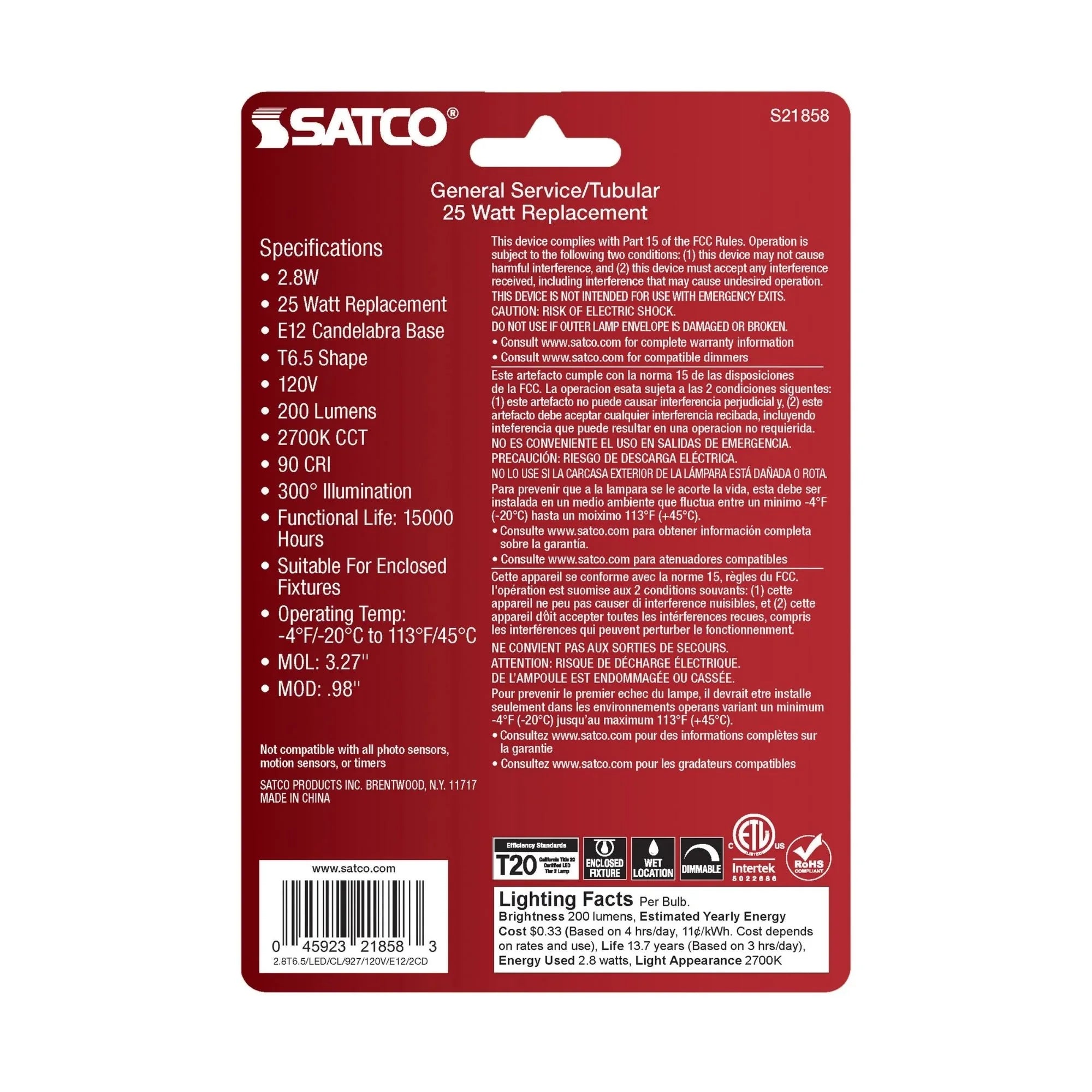 T6 LED Single Tube Bulb, 3W, 200lm, 2700K, E12 Candelabra Base, Clear Finish, Pack of 2