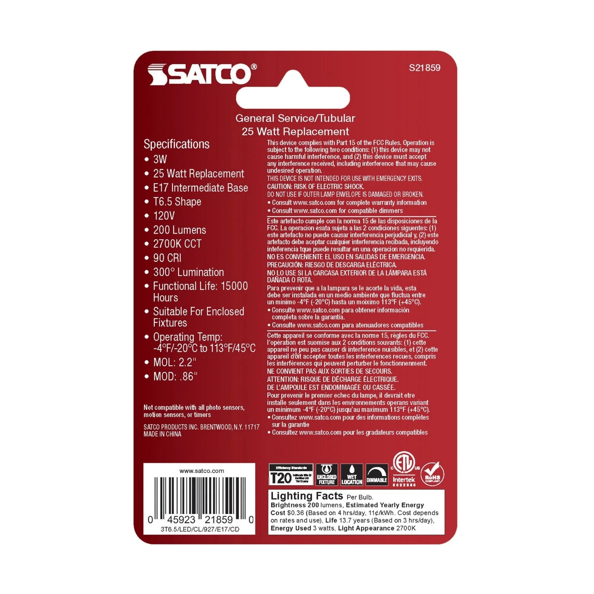 T6.5 LED Single Tube Bulb, 3W, 200lm, 2700K, E17 Intermediate Base, Clear Finish, Pack of 2