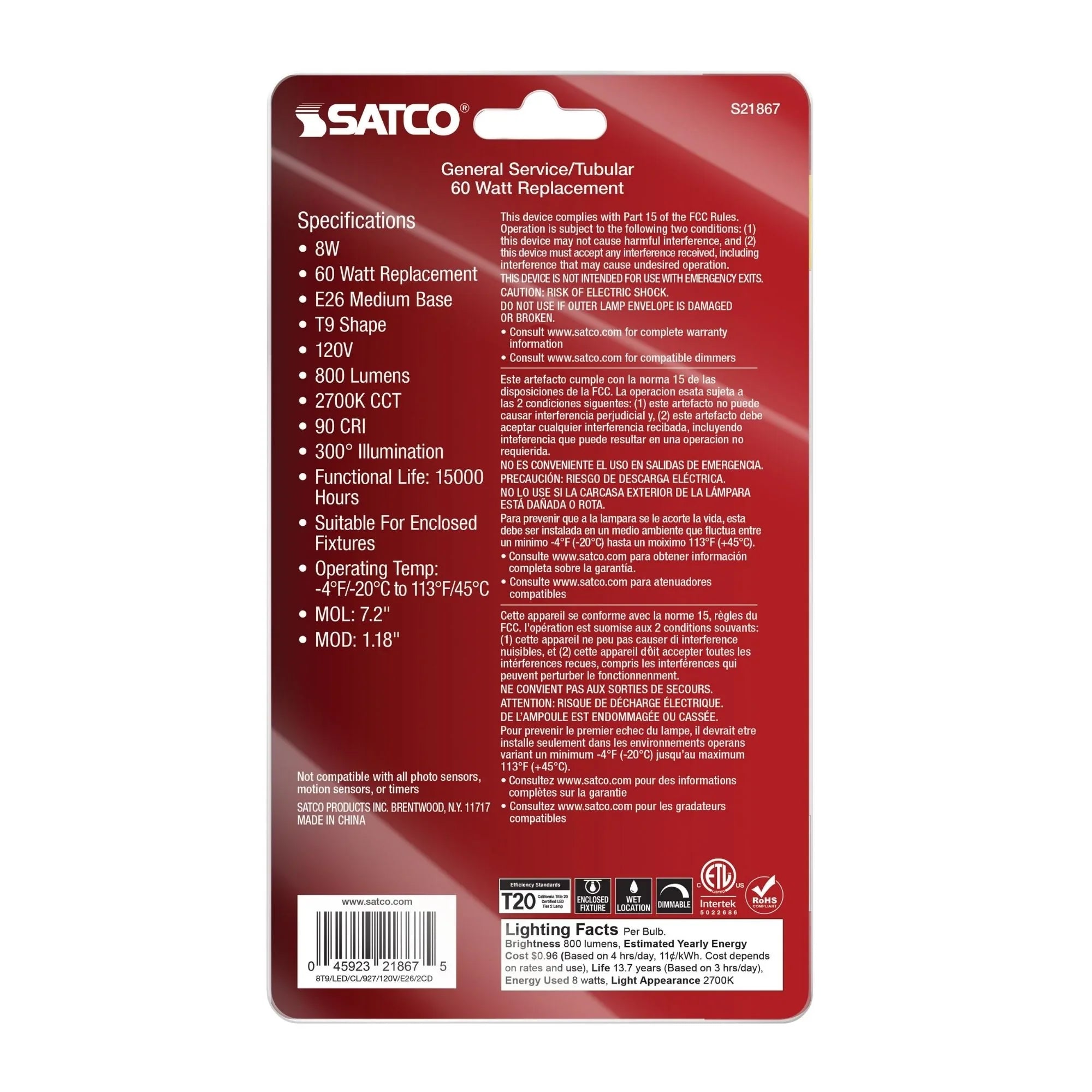 T9 LED Single Tube Bulb, 8W, 800 Lumens, 2700K, 60W Equal, E26 Medium Base, Clear, Pack of 2