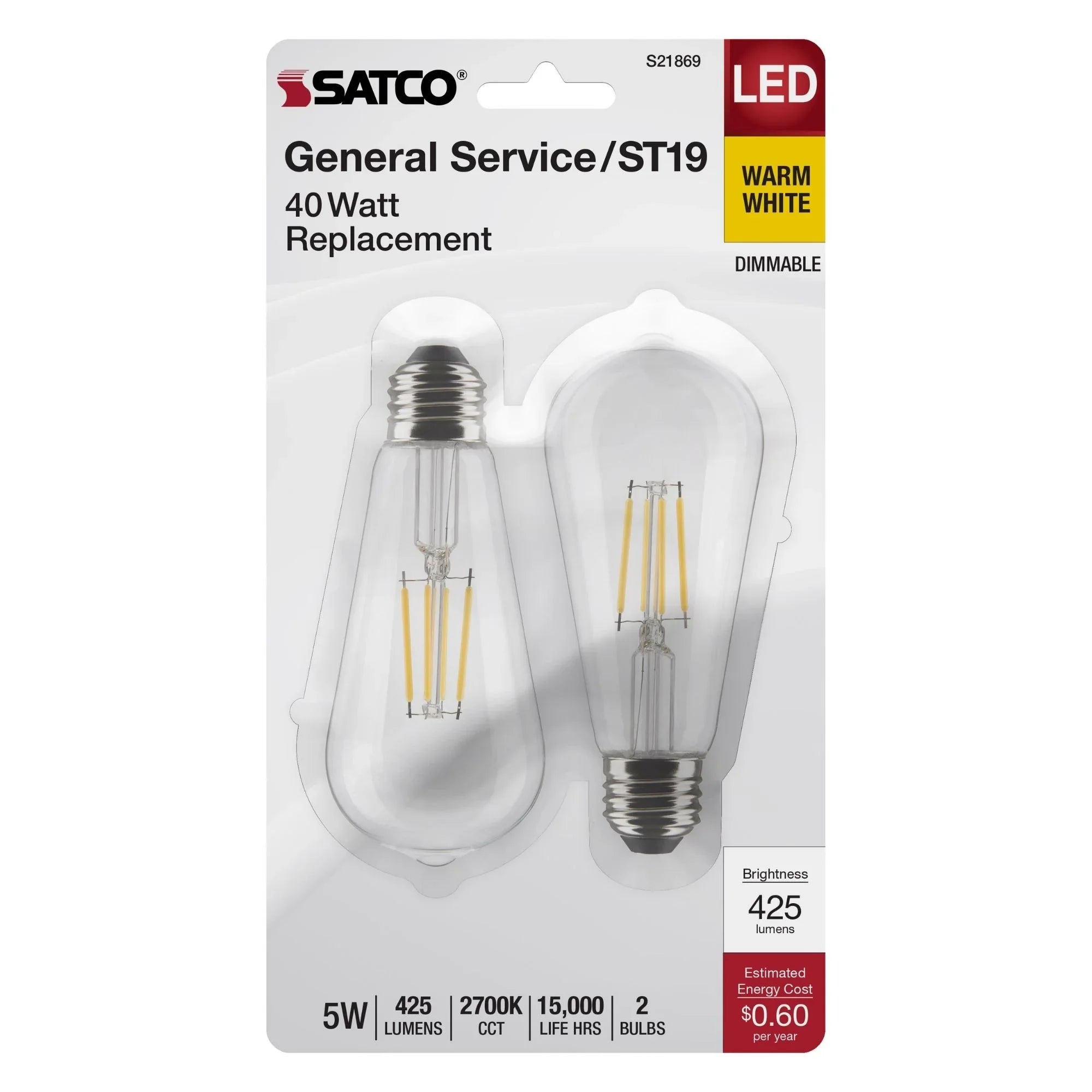 ST19 LED Bulb, 5 Watts, 425lm, 2700K, 40W Equal, E26 Medium Base, Clear Finish, Pack of 2