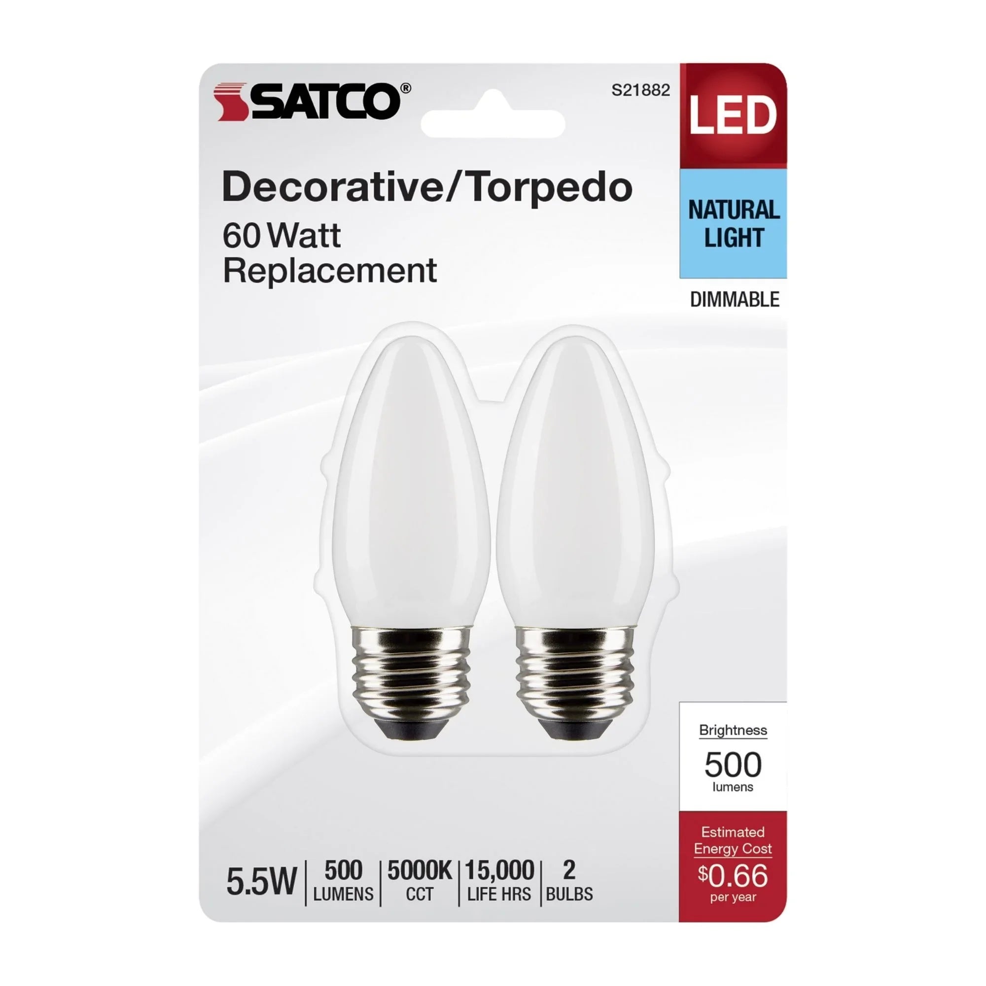 B11 Candle LED Bulb, 6 Watts, 500 Lumens, 5000K, E26 Medium Base, Frosted, Pack of 2