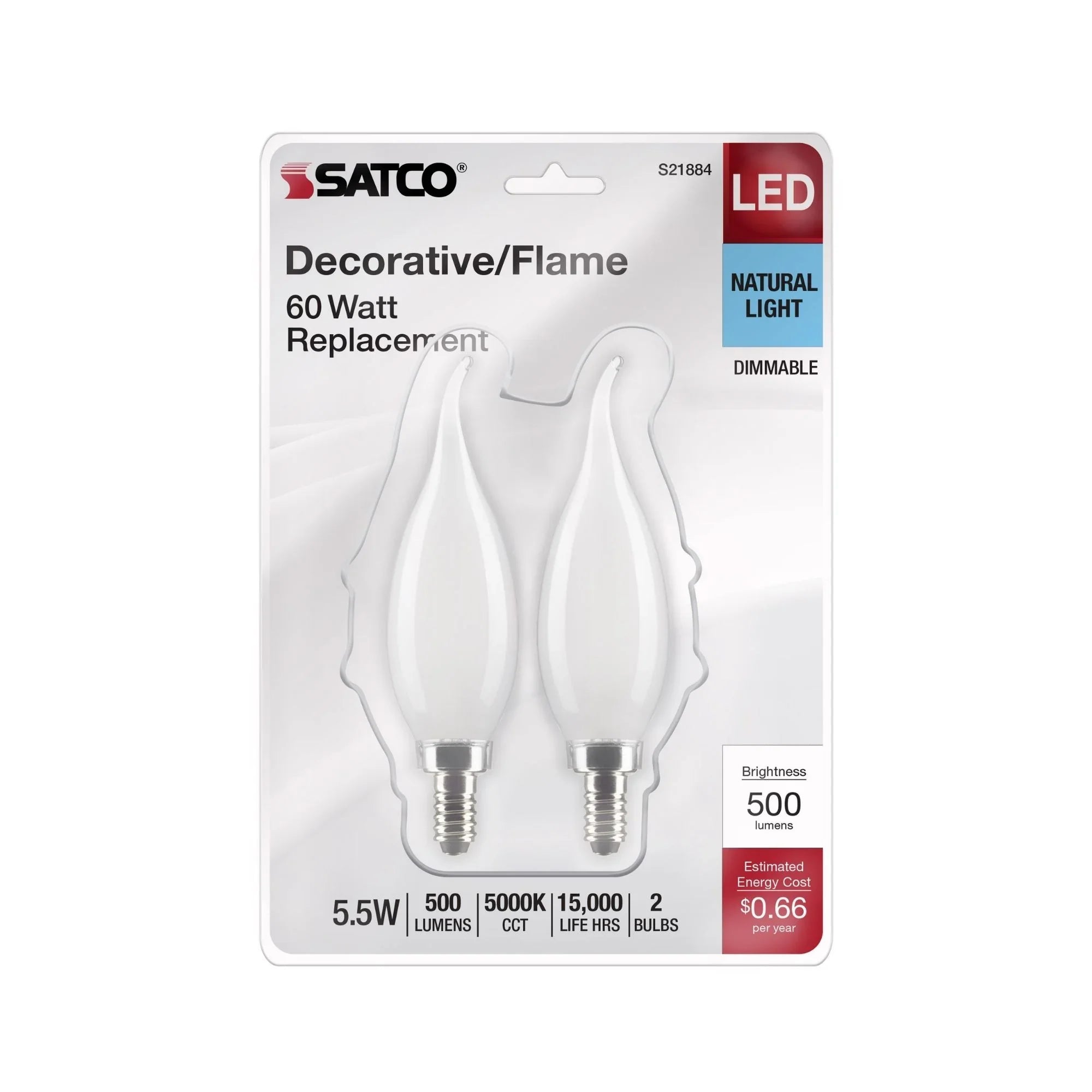CA10 LED Bulb, 6W, 500lm, 5000K, 60W Equal, E12 Candelabra Base, Frosted, Pack of 2