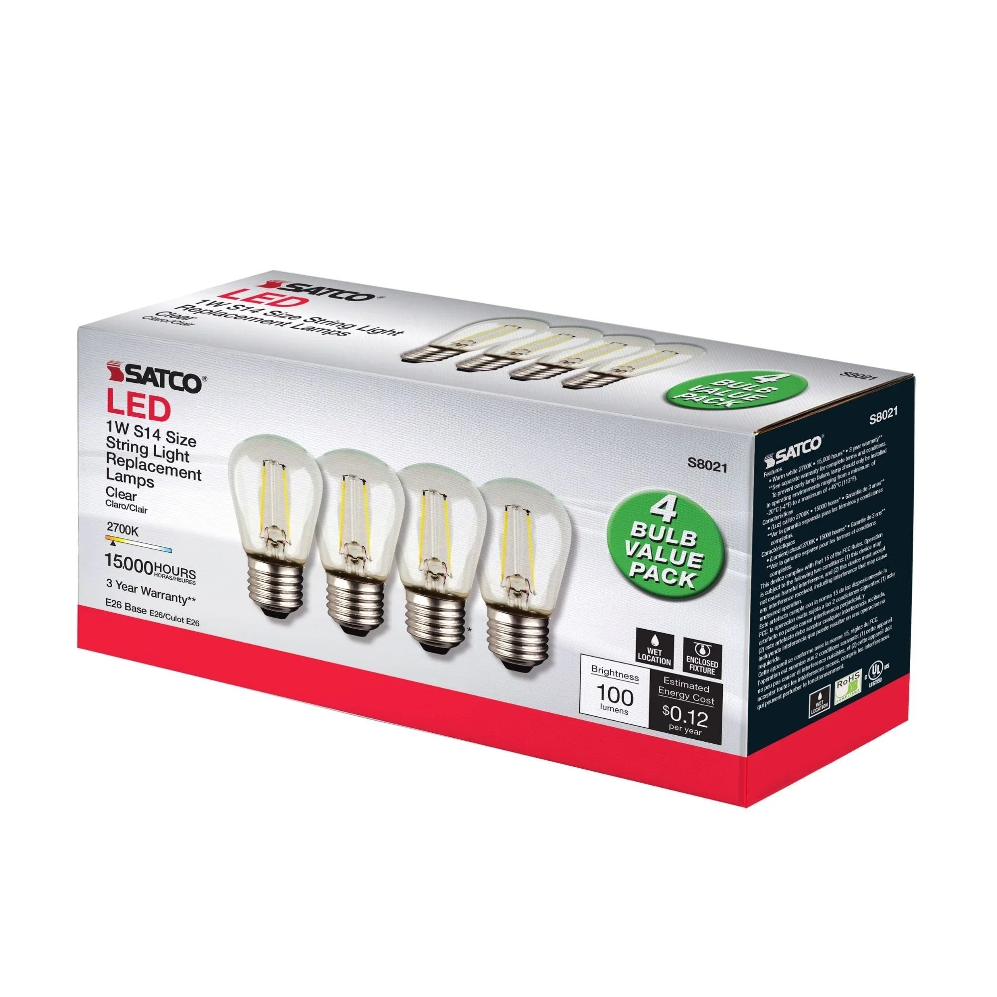 S14 Filament LED Bulb, 1W, 100lm, 2700K, E26 Medium Base, Clear Finish, Pack of 4