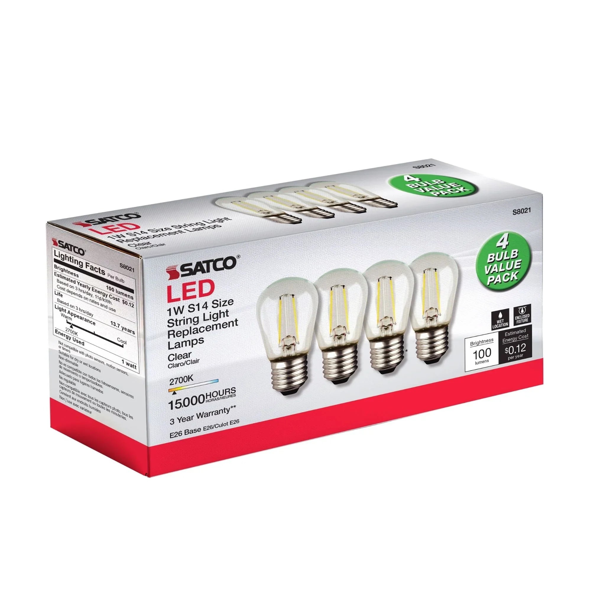 S14 Filament LED Bulb, 1W, 100lm, 2700K, E26 Medium Base, Clear Finish, Pack of 4