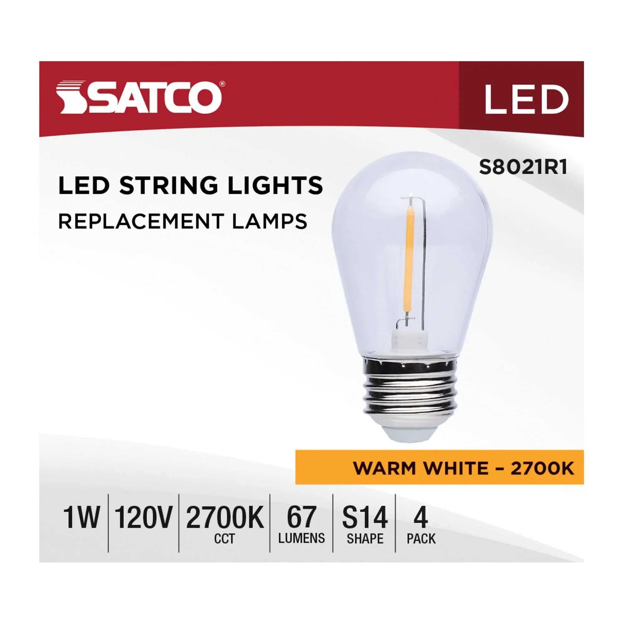 S14 LED String Light Replacement Lamp, E26 Medium Base, 2700K, Pack of 4