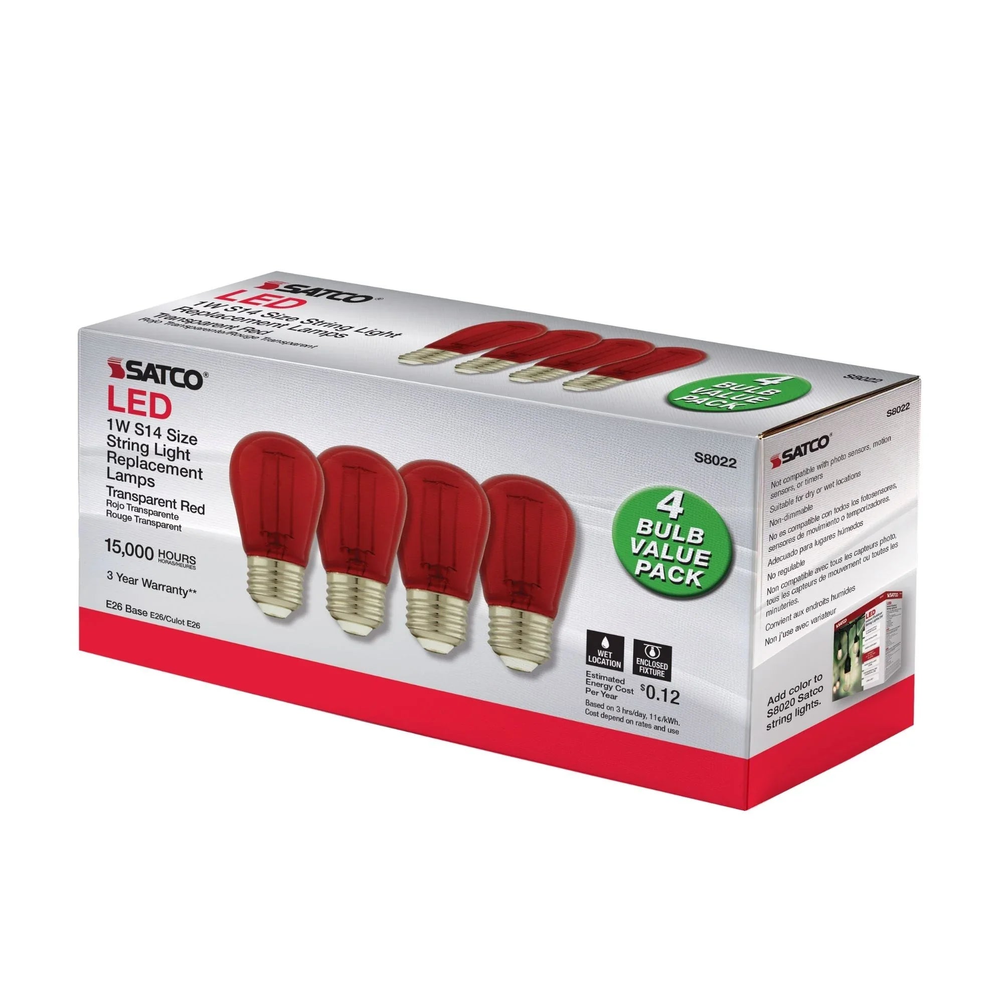 S14 Filament LED Bulb, 1W, 10lm, E26 Base, Transparent Red Finish, Pack of 4