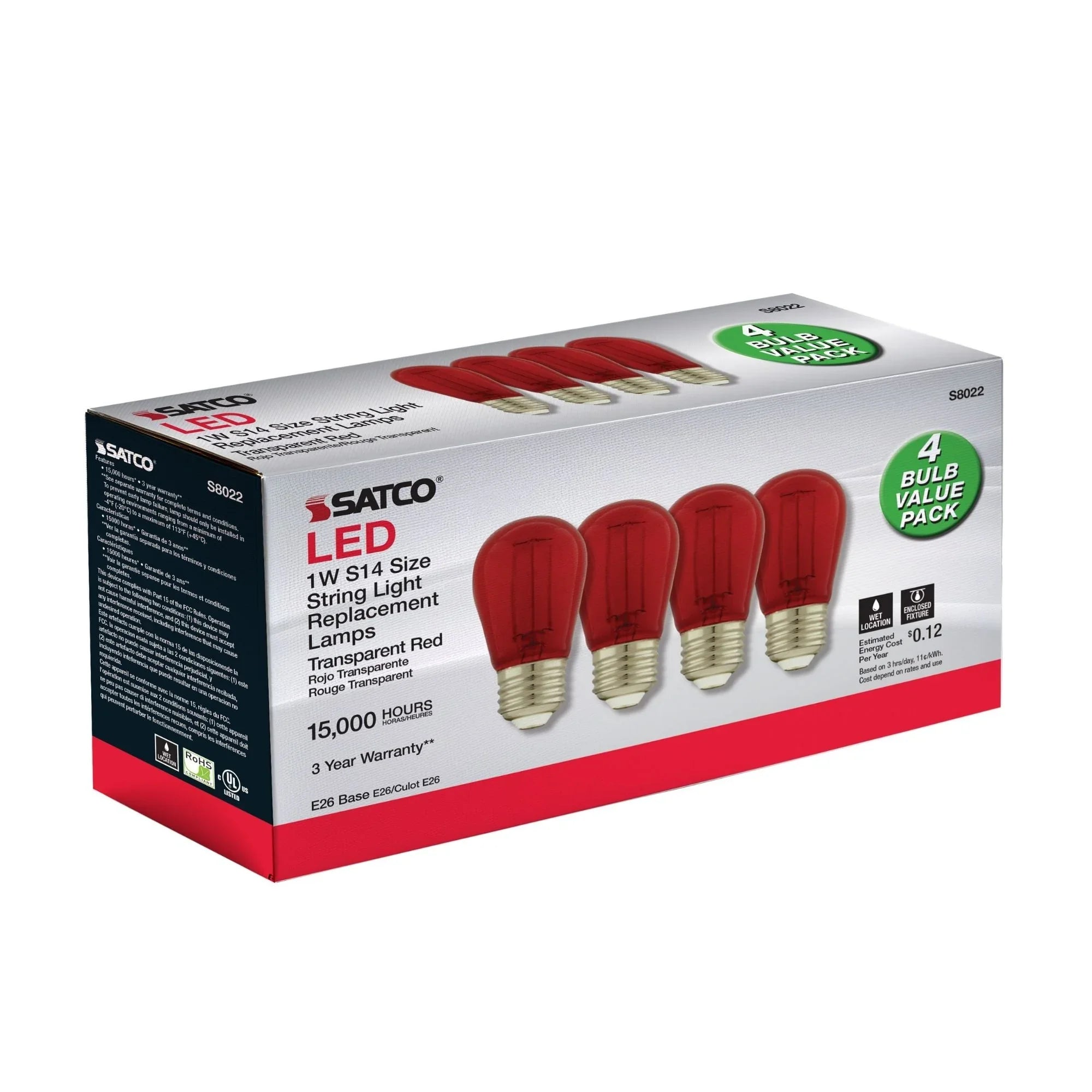 S14 Filament LED Bulb, 1W, 10lm, E26 Base, Transparent Red Finish, Pack of 4