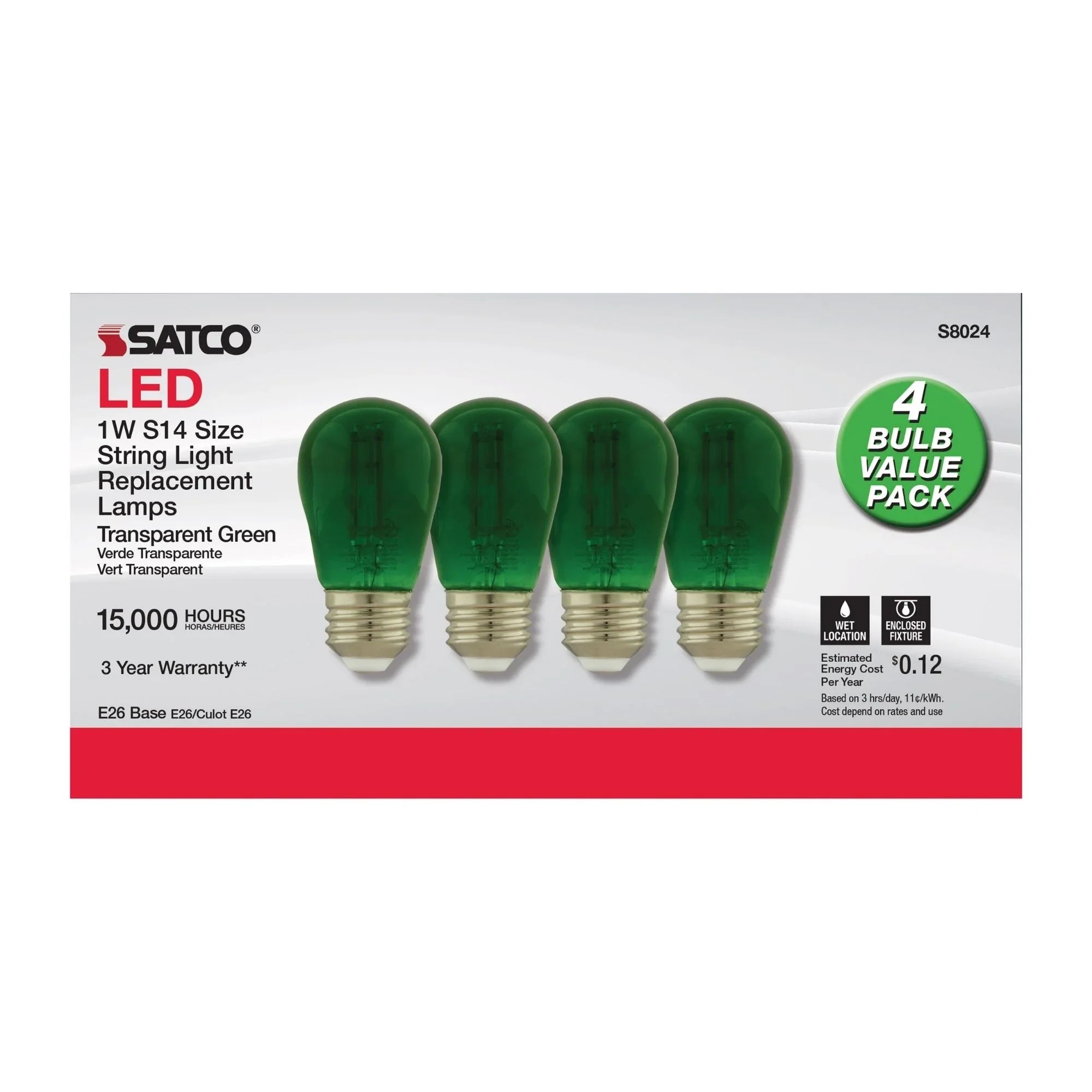 S14 Filament LED Bulb, 1W, 20lm, E26 Base, Transparent Green Finish , Pack of 4