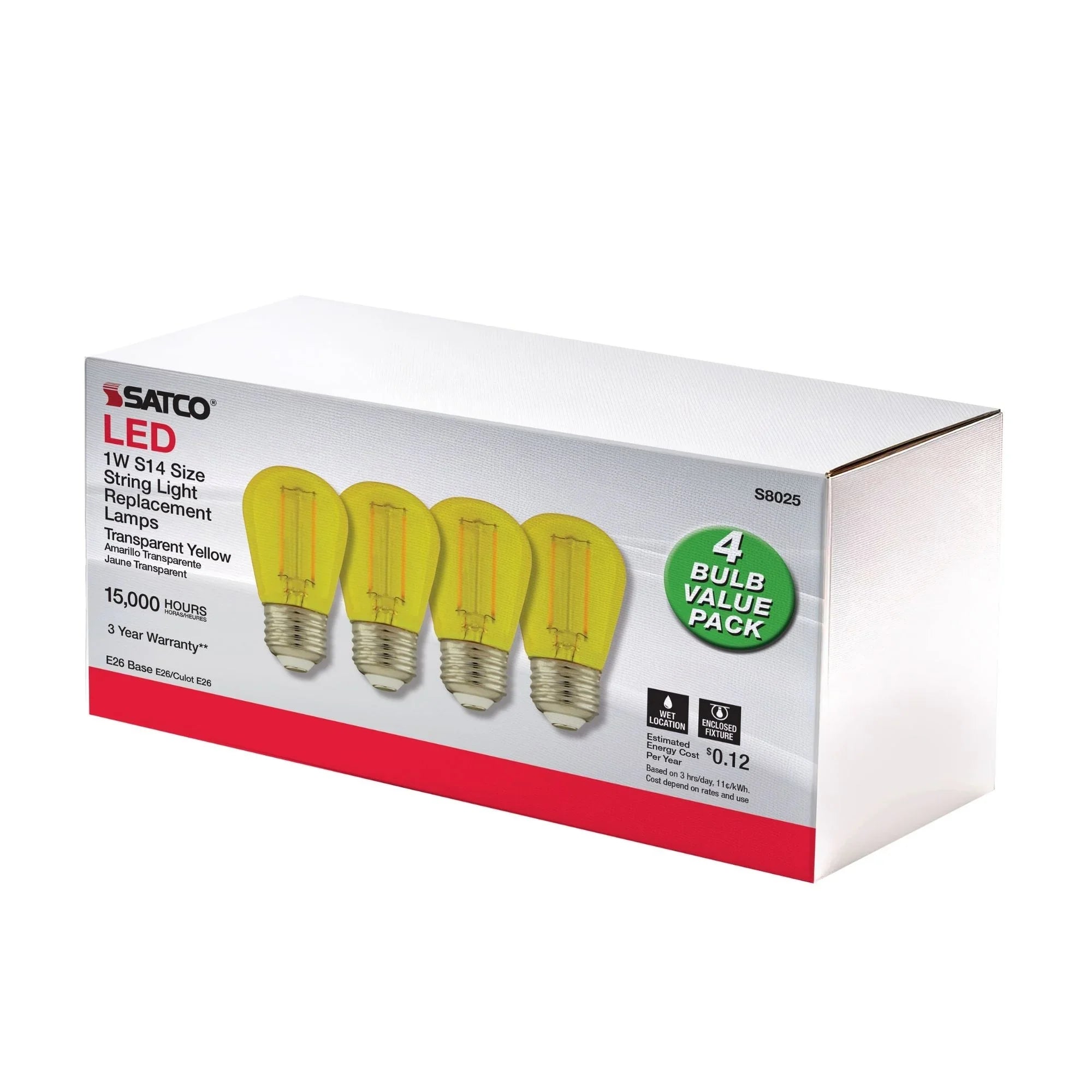 S14 Filament LED Bulb, 1W, 40lm, E26 Base, Transparent Yellow Finish , Pack of 4