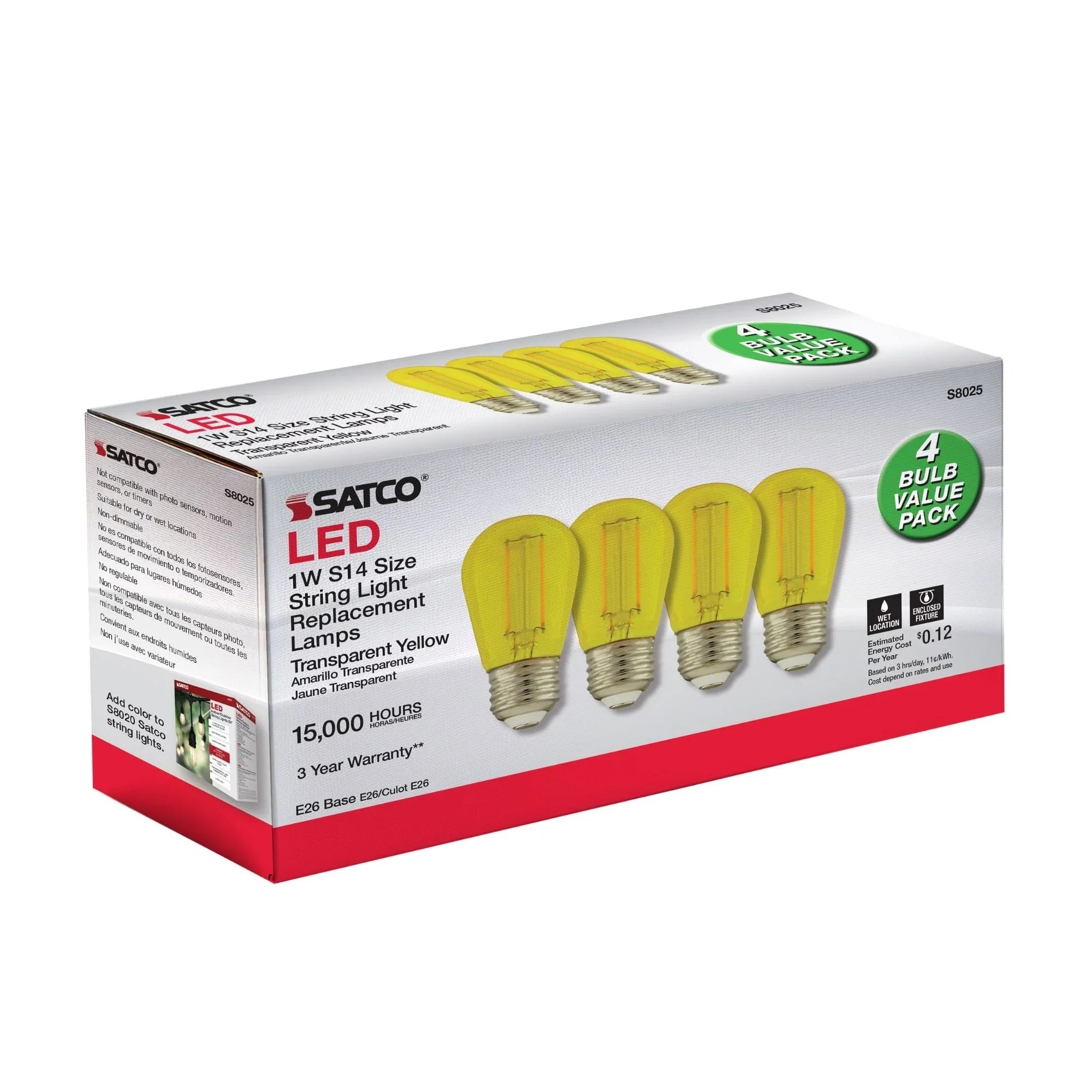 S14 Filament LED Bulb, 1W, 40lm, E26 Base, Transparent Yellow Finish , Pack of 4