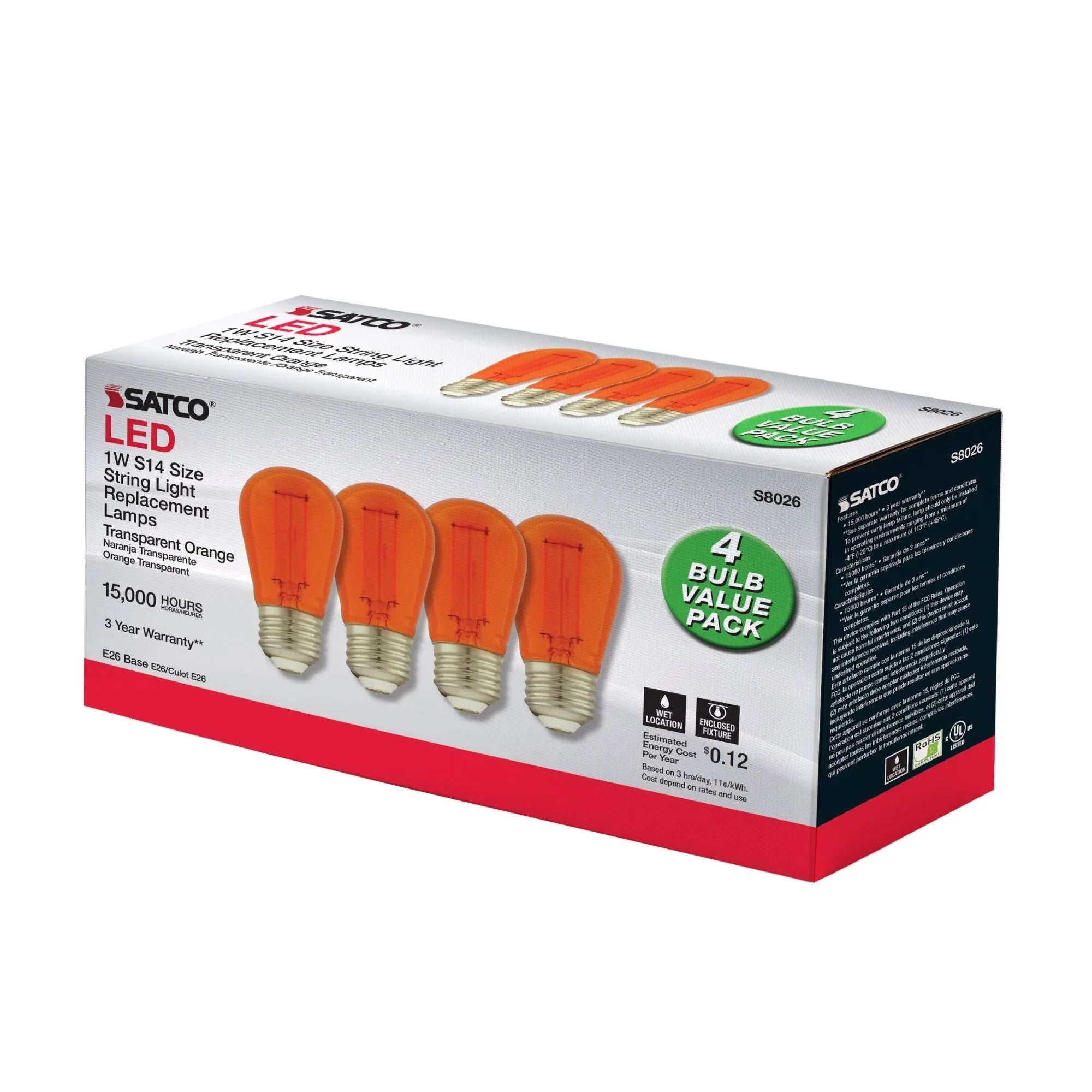 S14 Filament LED Bulb, 1W, 30lm, E26 Base, Transparent Orange Finish , Pack of 4