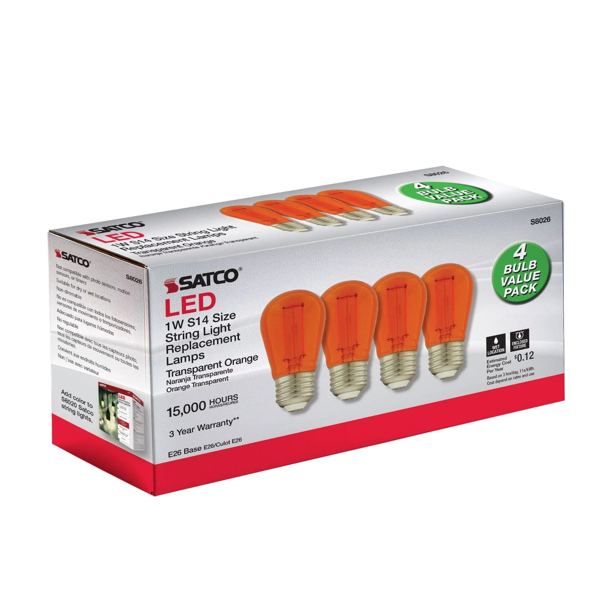 S14 Filament LED Bulb, 1W, 30lm, E26 Base, Transparent Orange Finish , Pack of 4