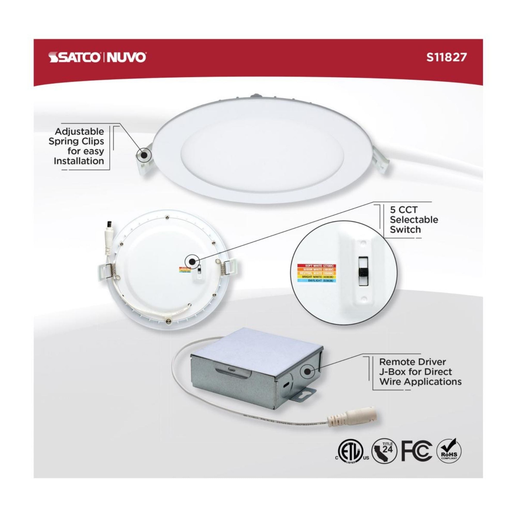 Edge-Lit 6" Round Canless LED Recessed Light, 12W, 900 Lm, 5-CCT
