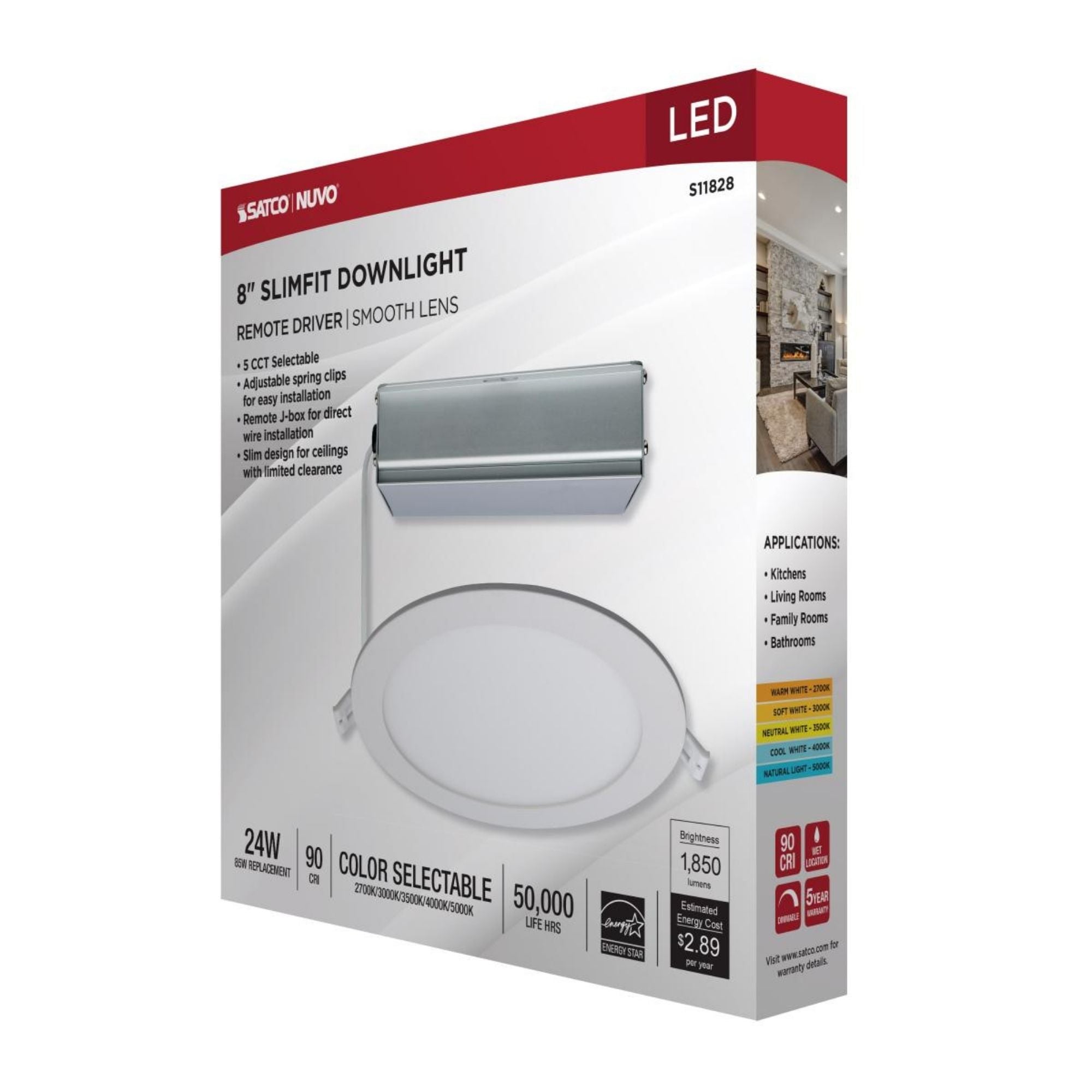 Edge-Lit 8" Round Canless LED Recessed Light, 24W, 1850 Lm, 5-CCT