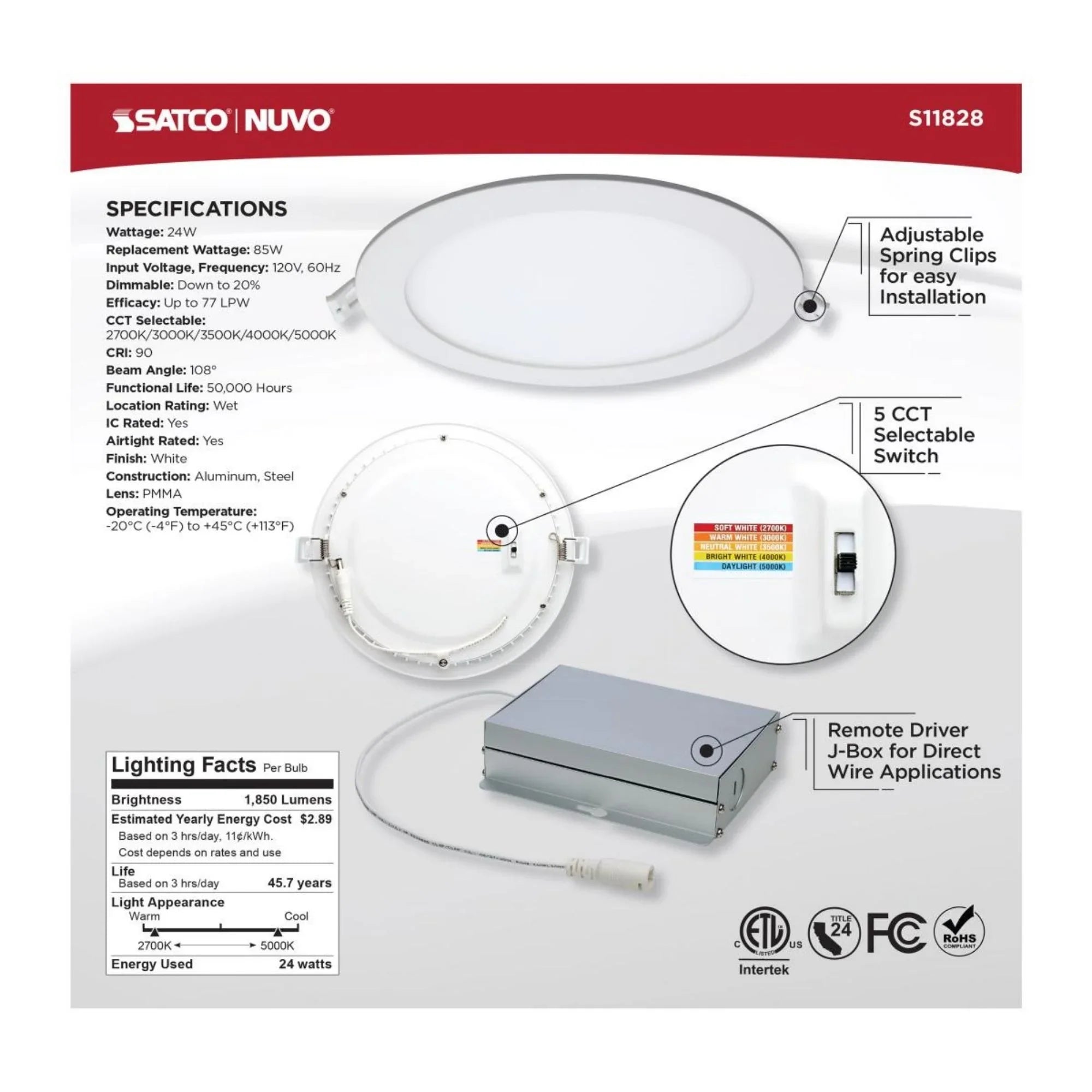 Edge-Lit 8" Round Canless LED Recessed Light, 24W, 1850 Lm, 5-CCT