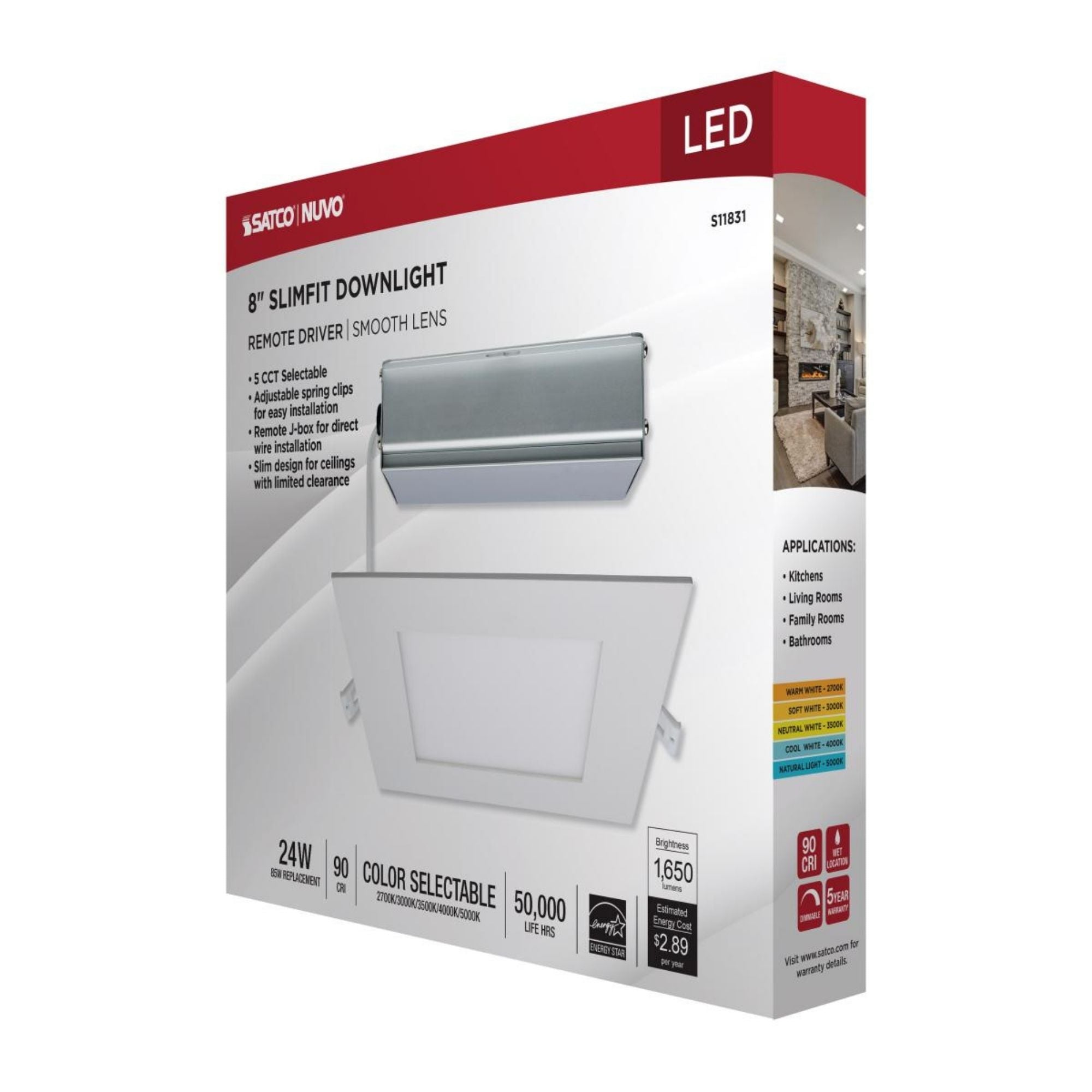 Edge-Lit 8" Square Canless LED Recessed Light, 24W, 1650 Lm, 5-CCT