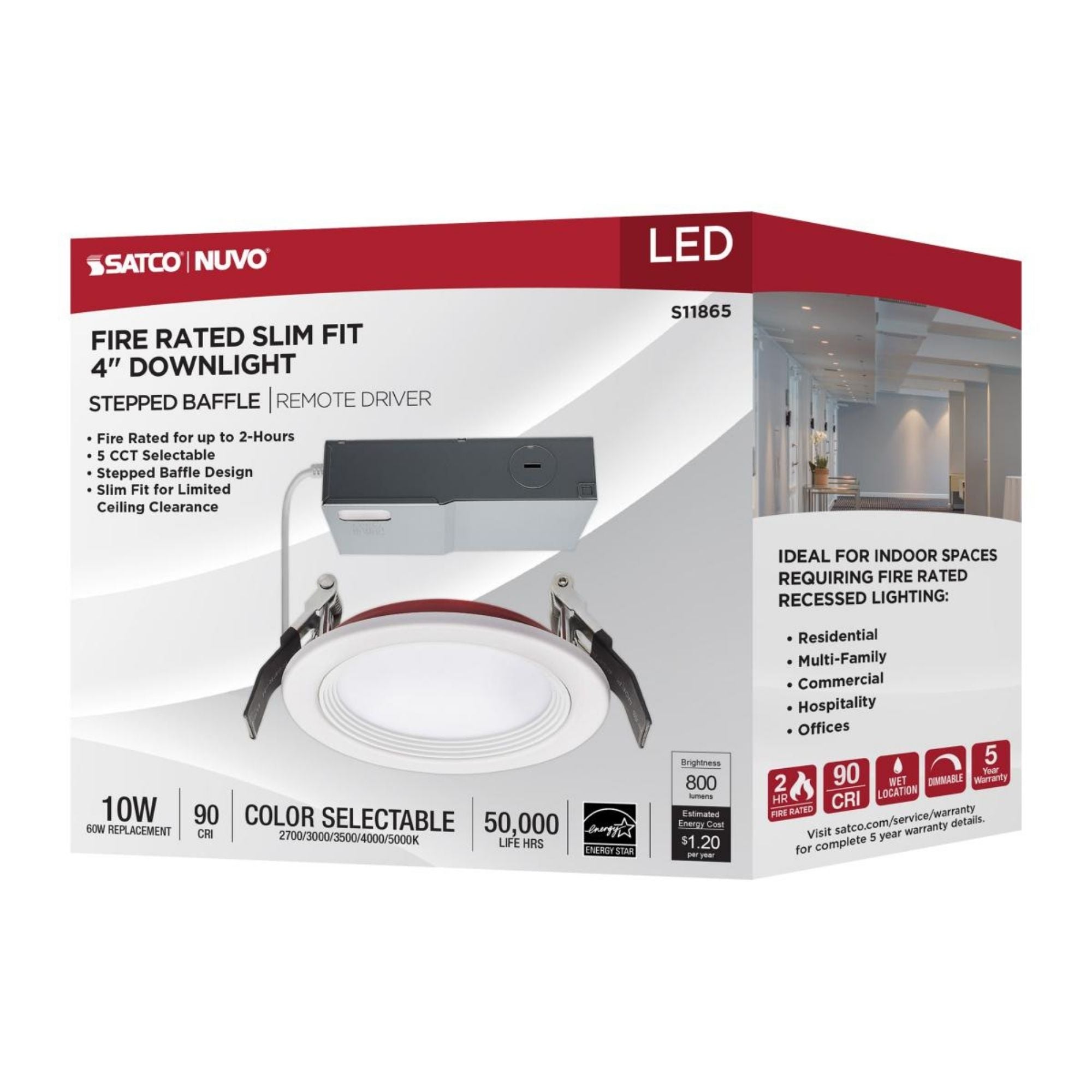 Fire Rated 4" Canless LED Recessed Light, 800 Lm, 5-CCT, Baffle Trim