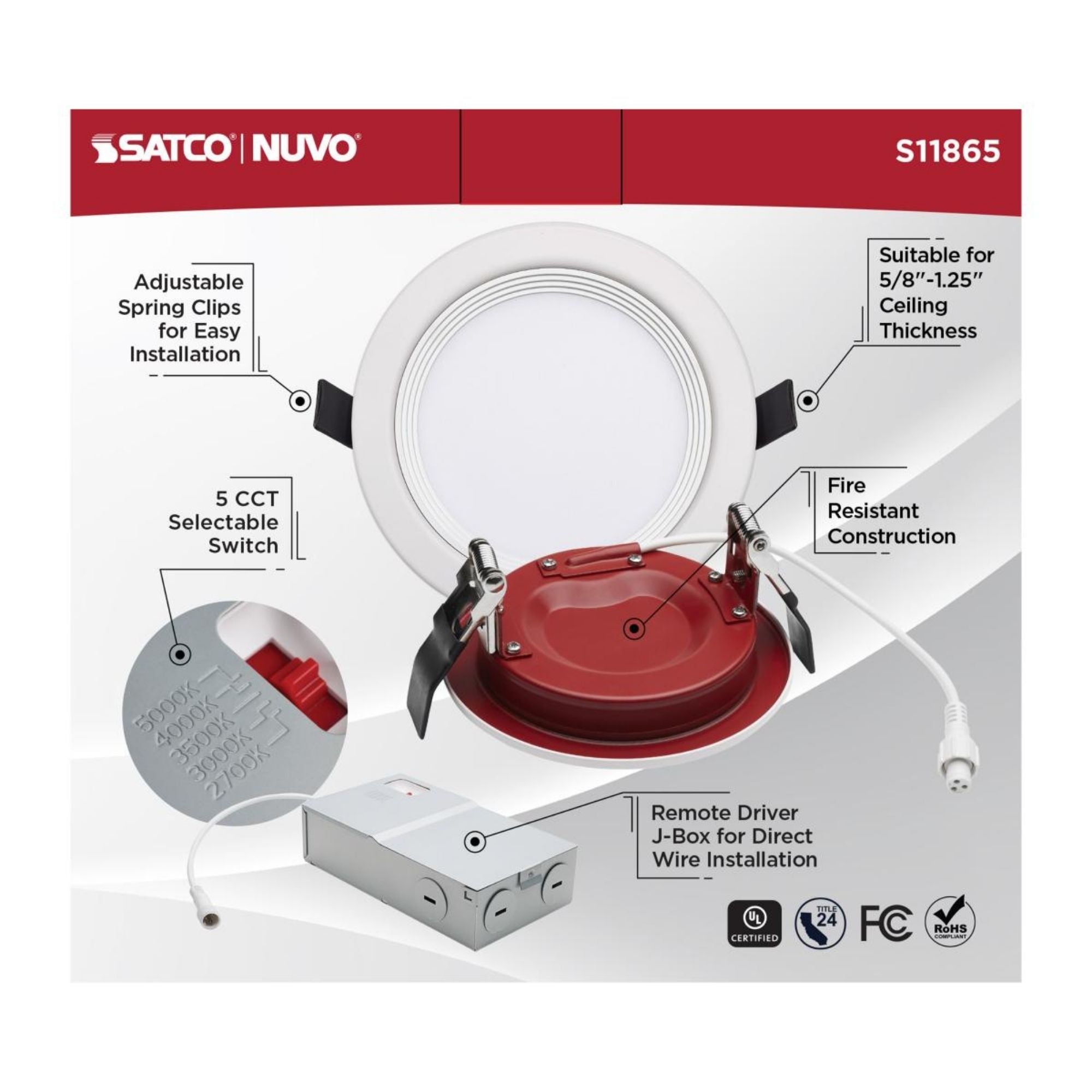 Fire Rated 4" Canless LED Recessed Light, 800 Lm, 5-CCT, Baffle Trim
