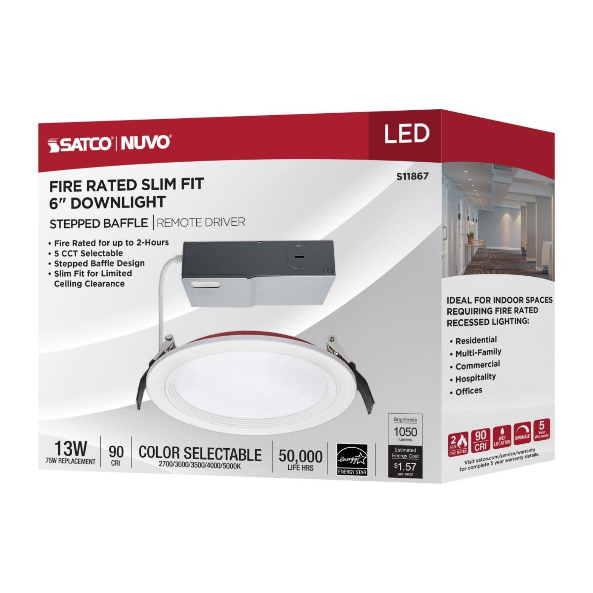 Fire Rated 6" Canless LED Recessed Light, 1050 Lm, 5-CCT, Baffle Trim