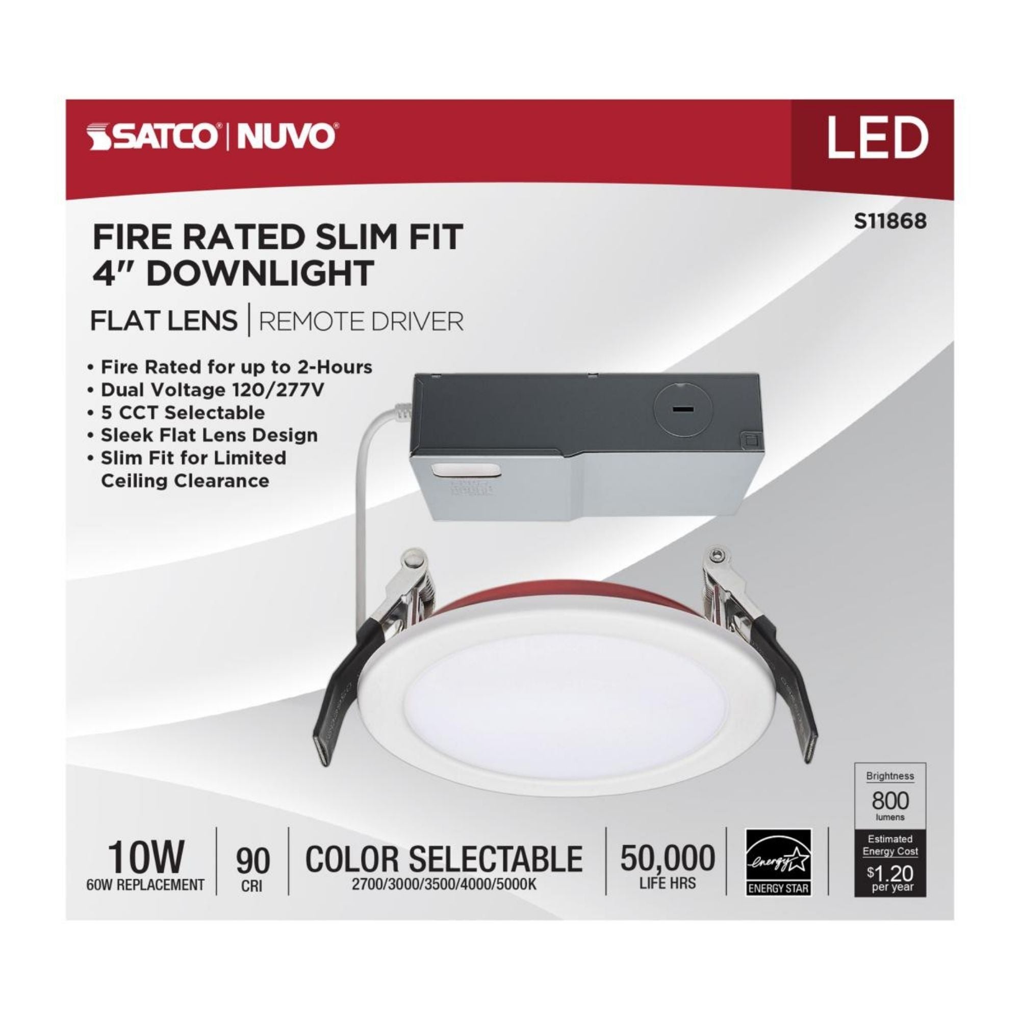 Fire Rated 4" Canless LED Recessed Light, 800 Lm, 5-CCT, Flat Trim, 120-277V