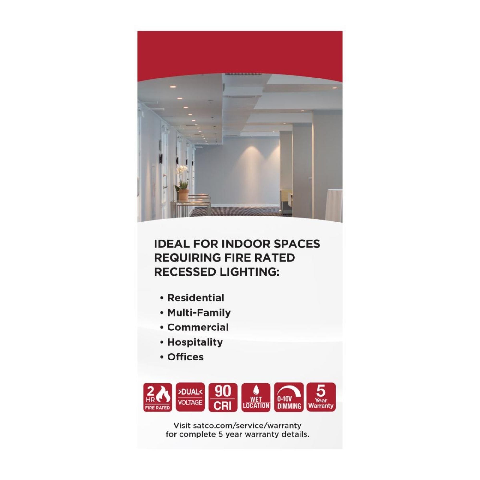 Fire Rated 4" Canless LED Recessed Light, 800 Lm, 5-CCT, Flat Trim, 120-277V