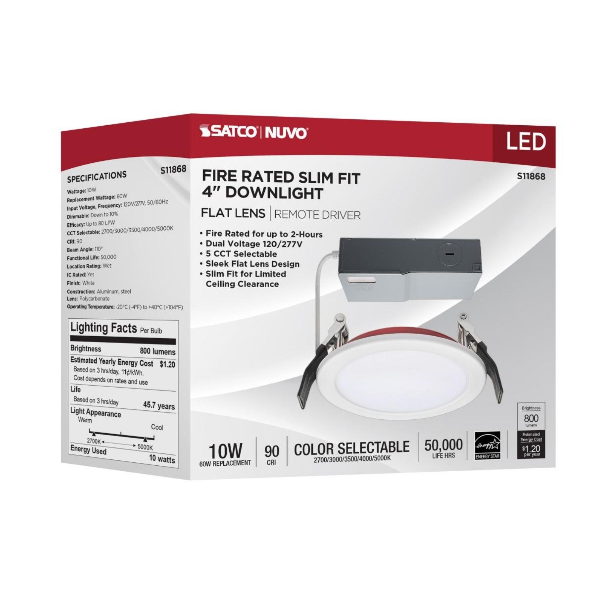 Fire Rated 4" Canless LED Recessed Light, 800 Lm, 5-CCT, Flat Trim, 120-277V