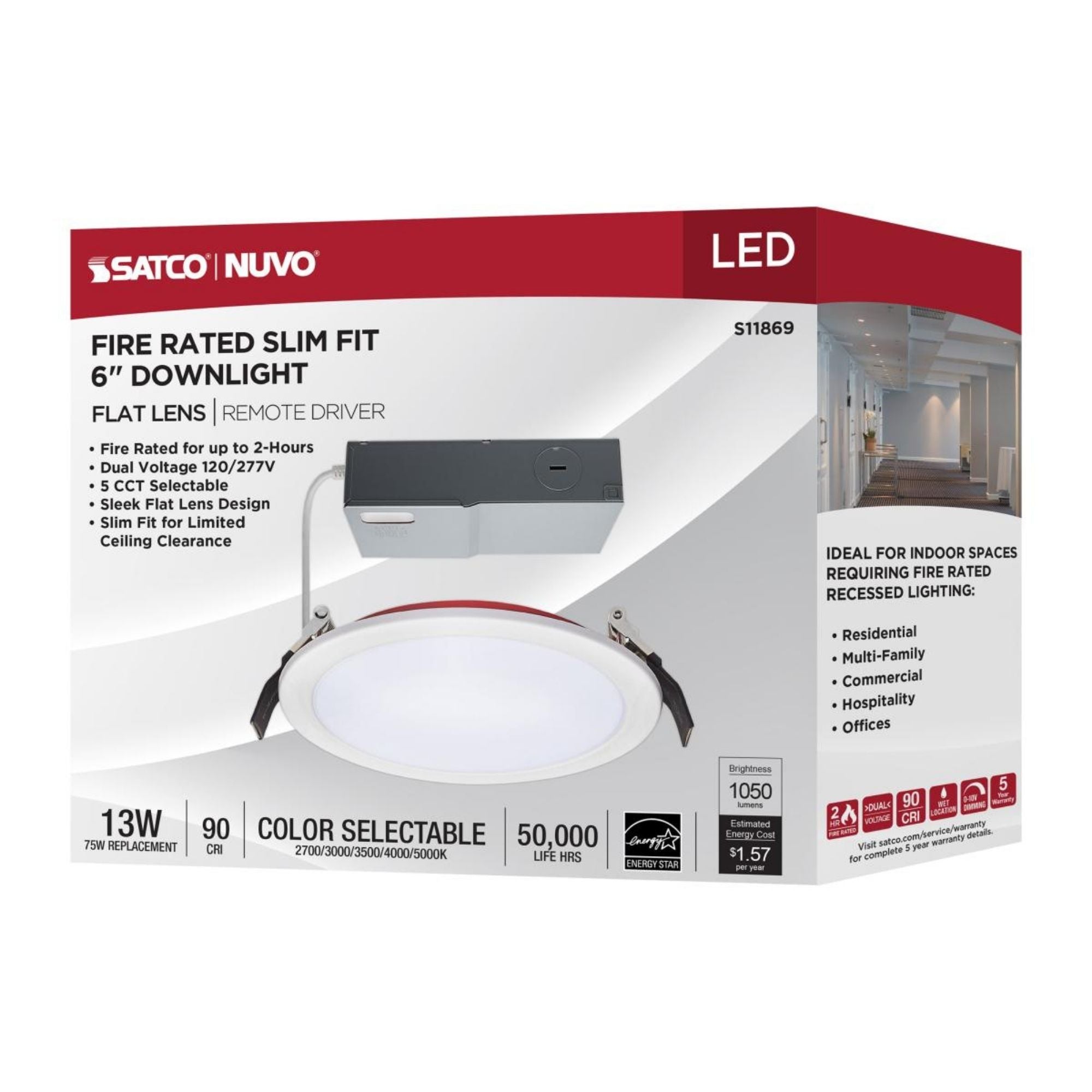 Fire Rated 6" Canless LED Recessed Light, 1050 Lm, 5-CCT, Flat Trim, 120-277V