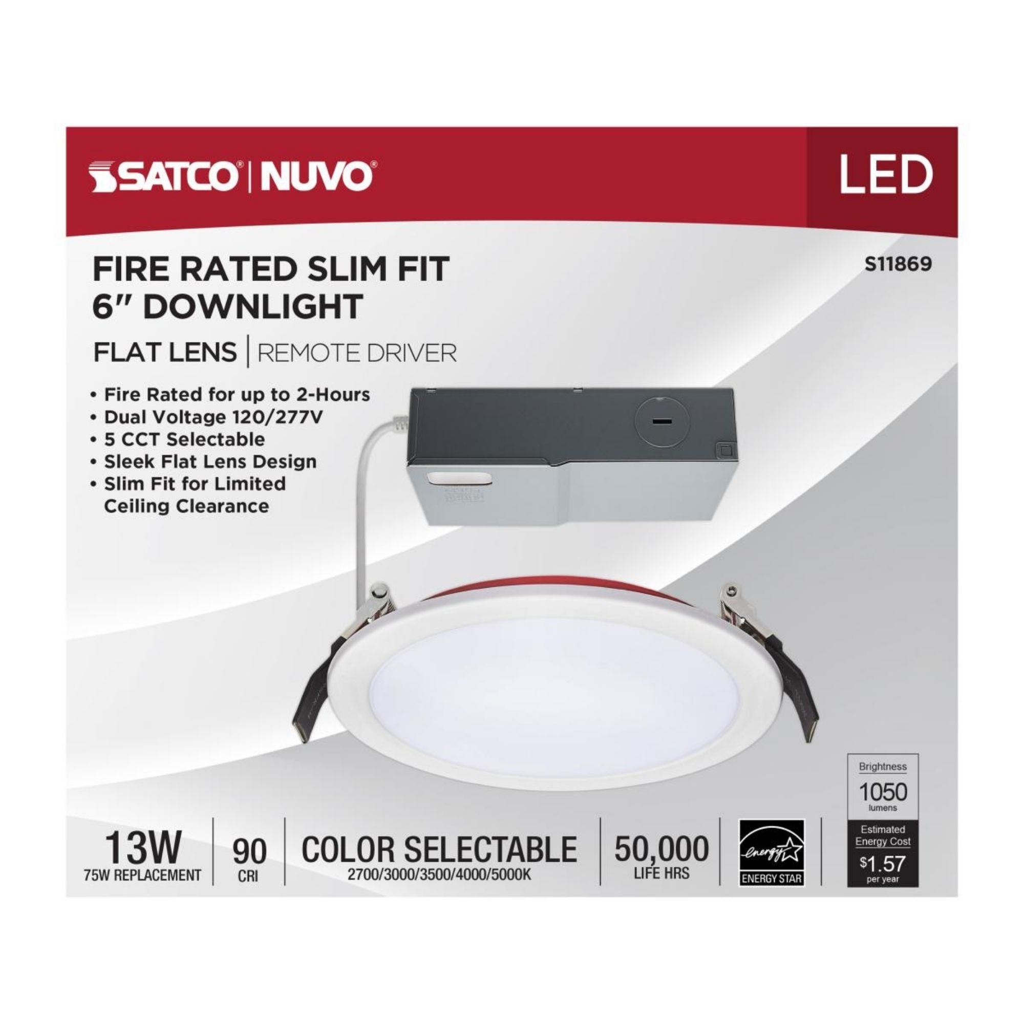 Fire Rated 6" Canless LED Recessed Light, 1050 Lm, 5-CCT, Flat Trim, 120-277V