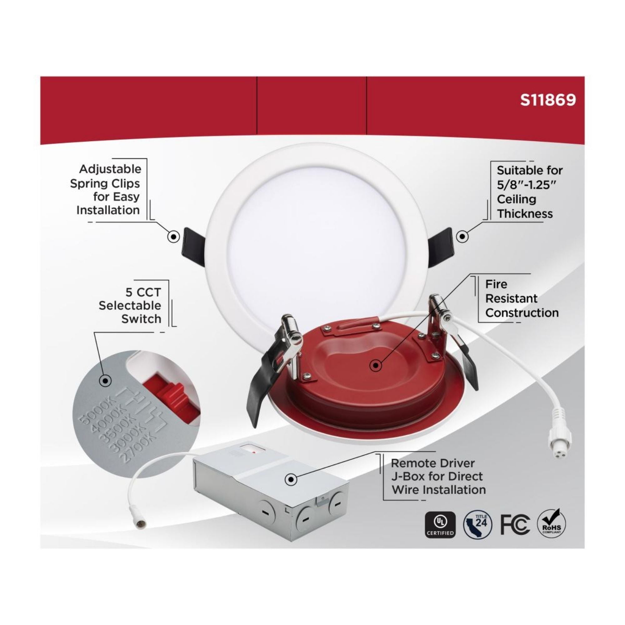 Fire Rated 6" Canless LED Recessed Light, 1050 Lm, 5-CCT, Flat Trim, 120-277V