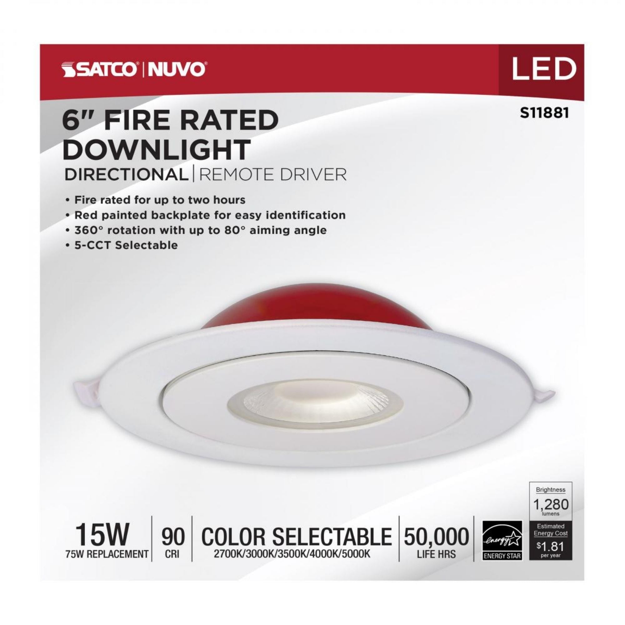 Fire Rated 6" Canless LED Recessed Light, 1280 Lm, 5-CCT, Adjustable Trim