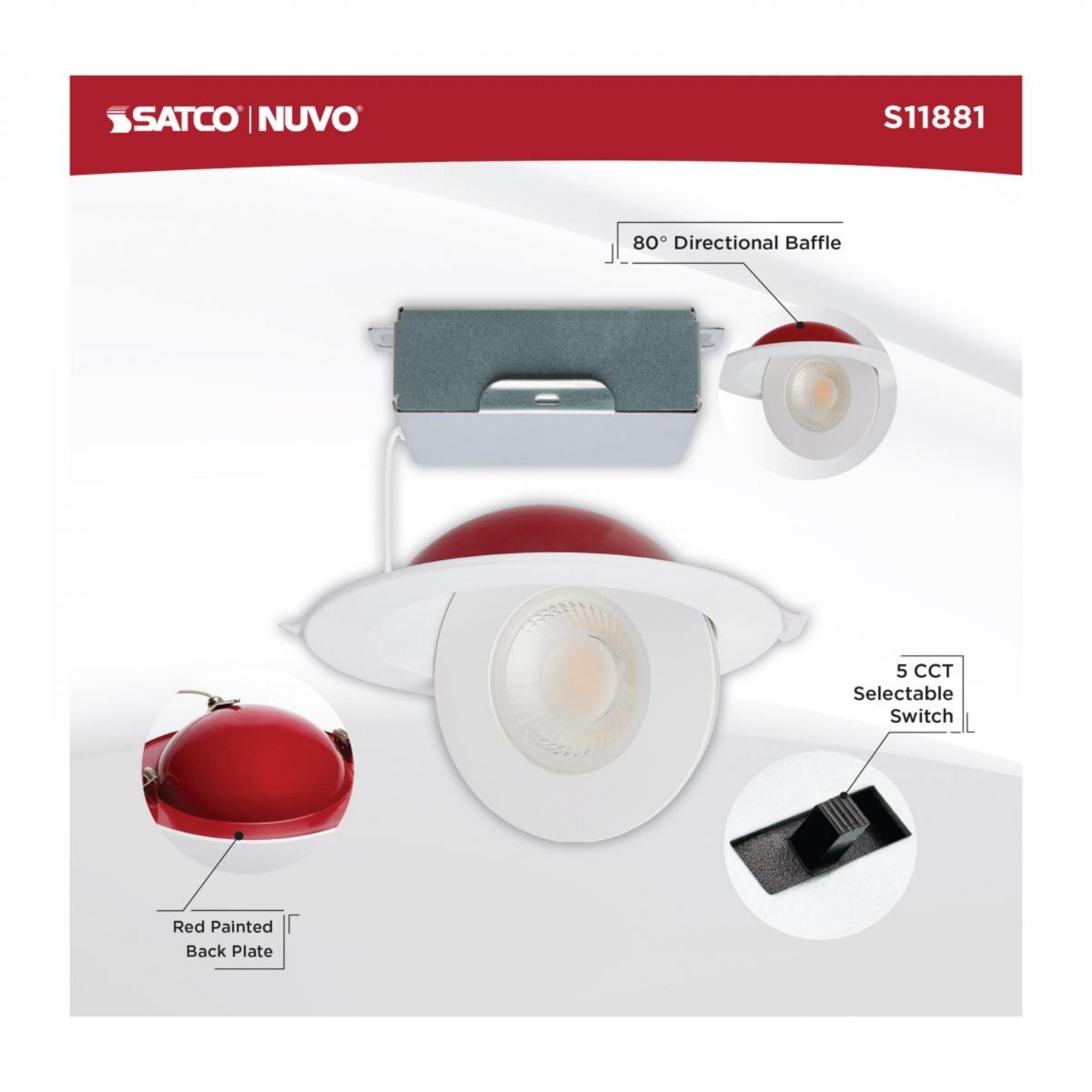 Fire Rated 6" Canless LED Recessed Light, 1280 Lm, 5-CCT, Adjustable Trim