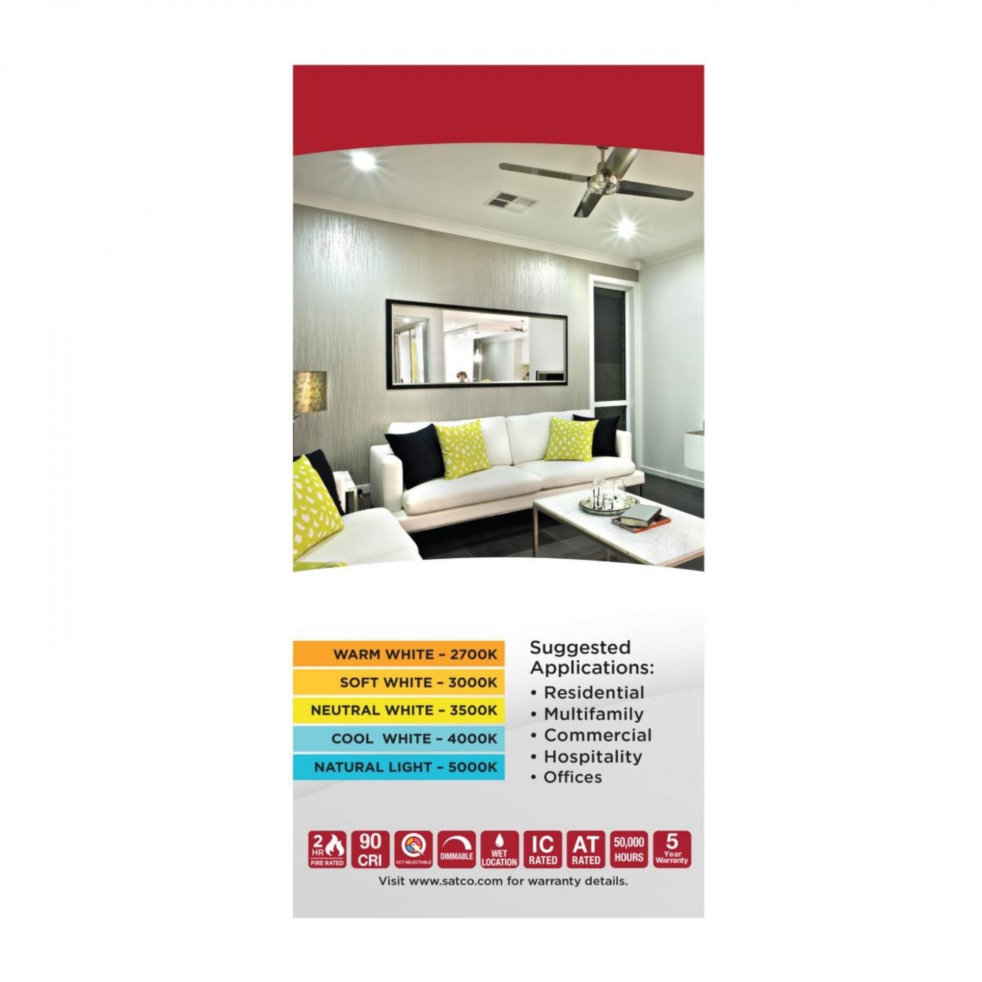 Fire Rated 6" Canless LED Recessed Light, 1280 Lm, 5-CCT, Adjustable Trim
