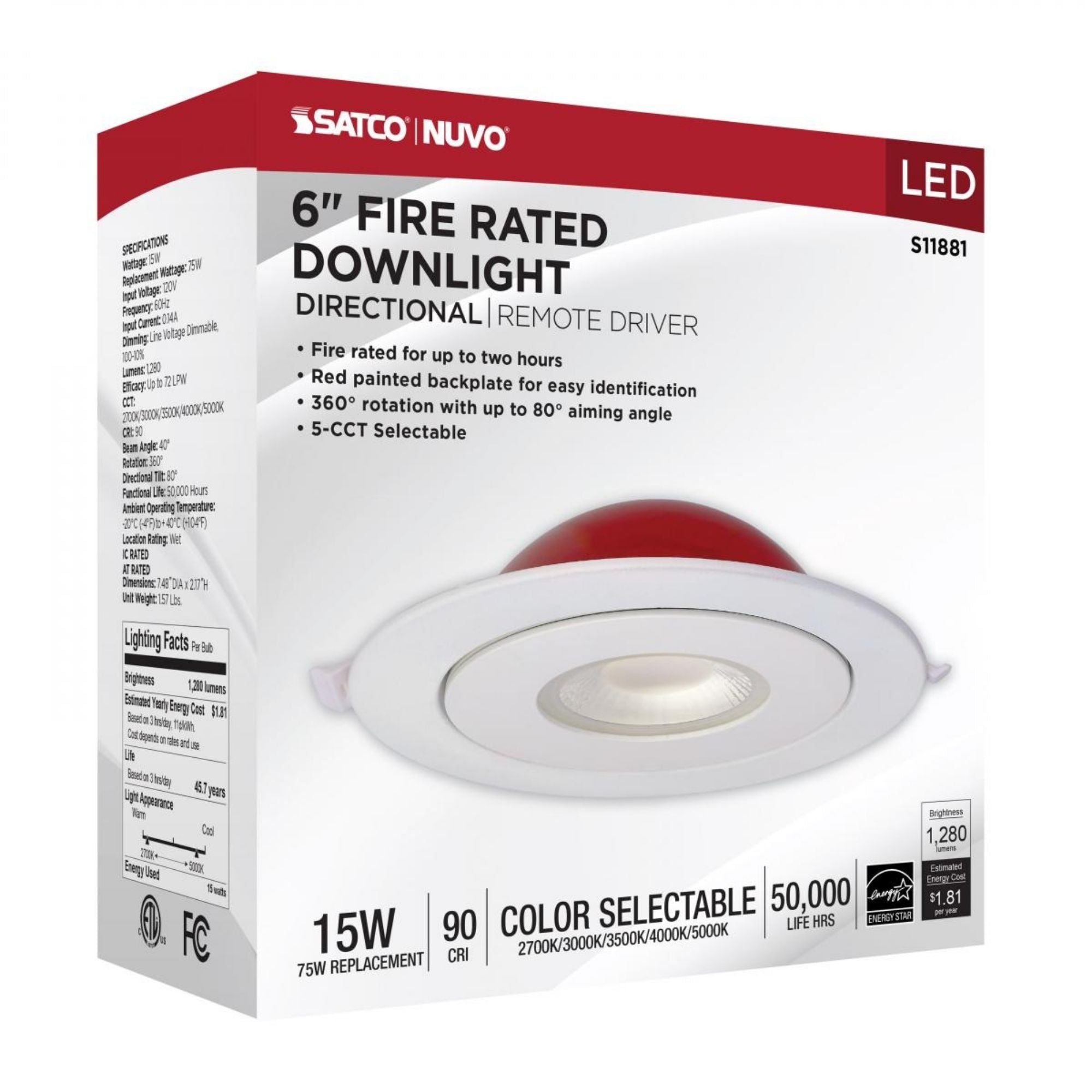 Fire Rated 6" Canless LED Recessed Light, 1280 Lm, 5-CCT, Adjustable Trim