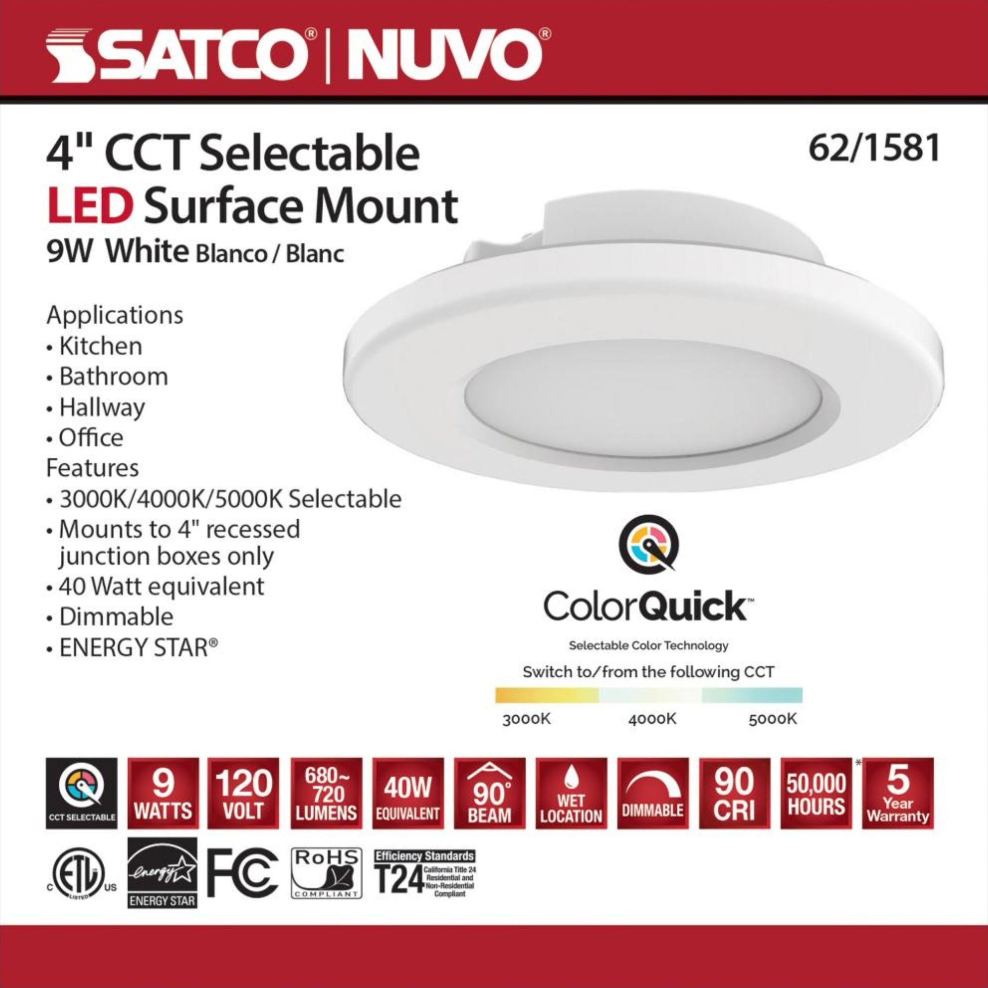 4" LED Disk|Surface Mount Light, 3CCT, White Finish