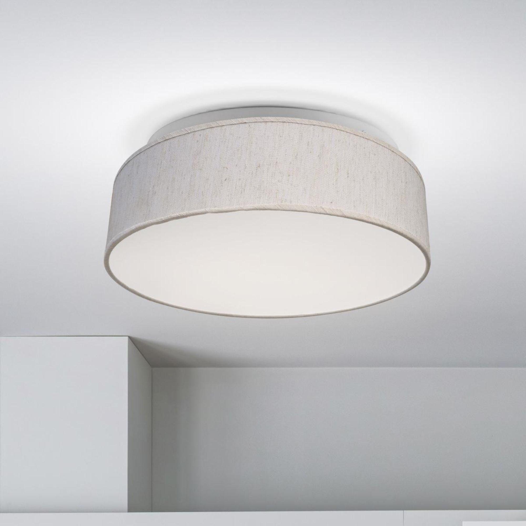 15" LED Flush Mount Ceiling Light with Beige Fabric Shade, 3CCT