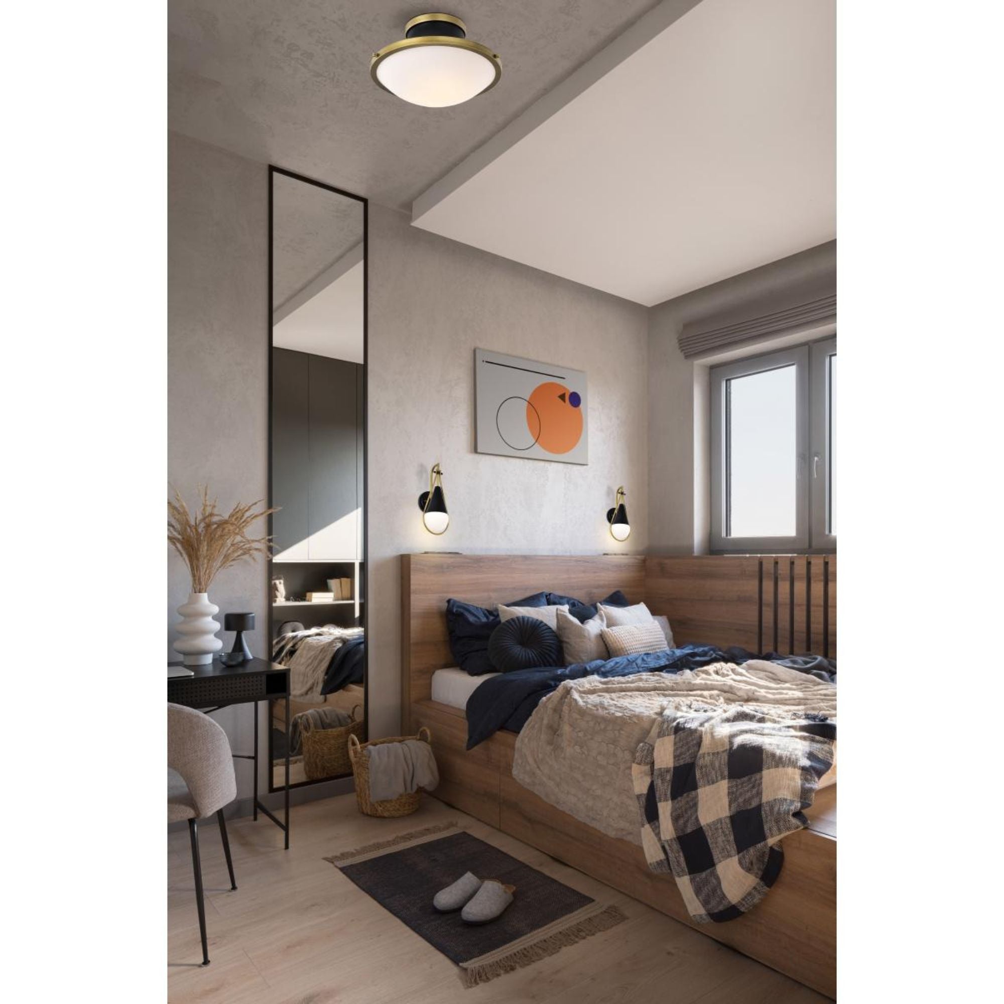 Lafayette 14" Flush Mount, Matte Black / Natural Brass Finish