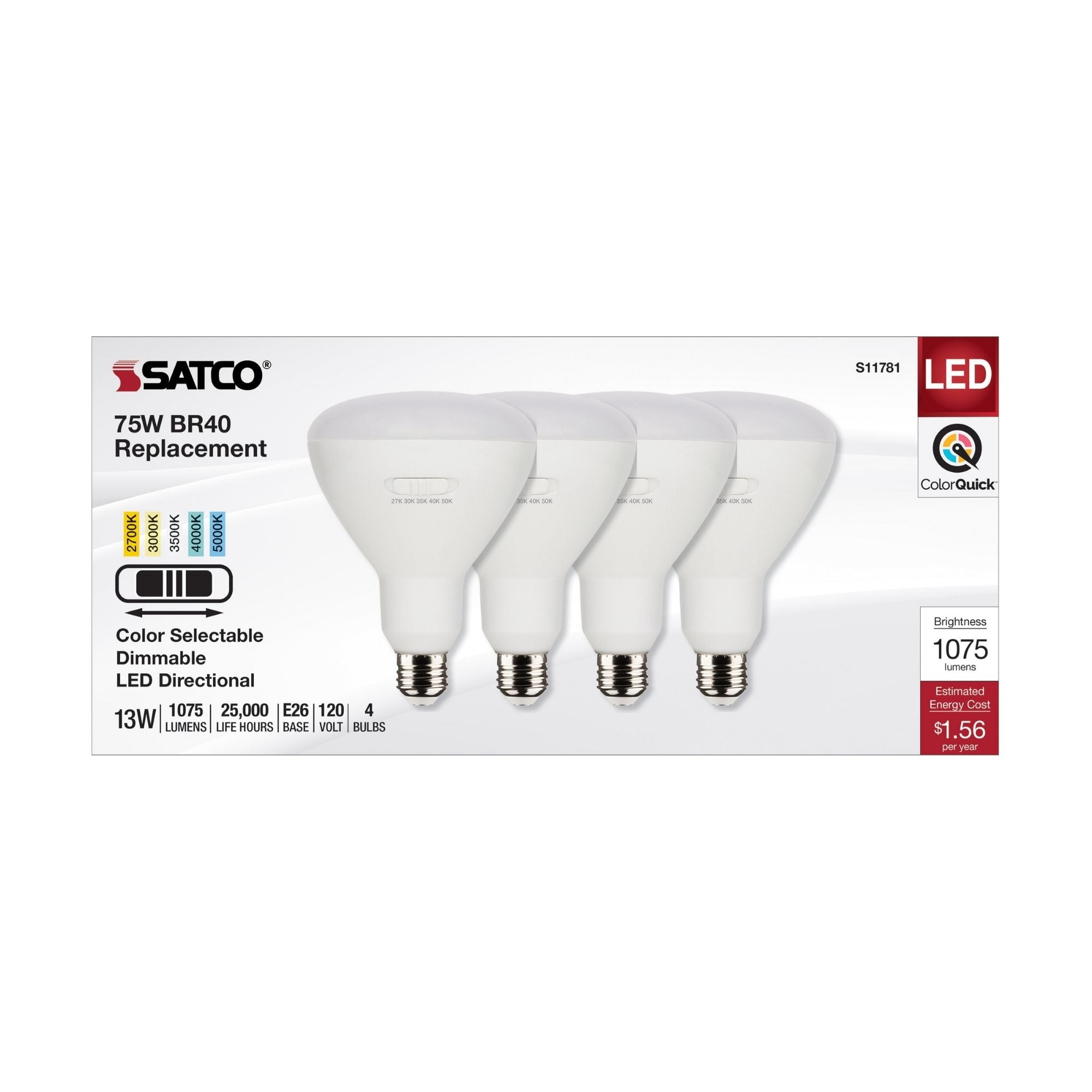 R40/BR40 LED Bulb, 13 Watts, 1075 Lumens, 27K|30K|40K|50K, E26 Base, 100° Flood, 4 Pack